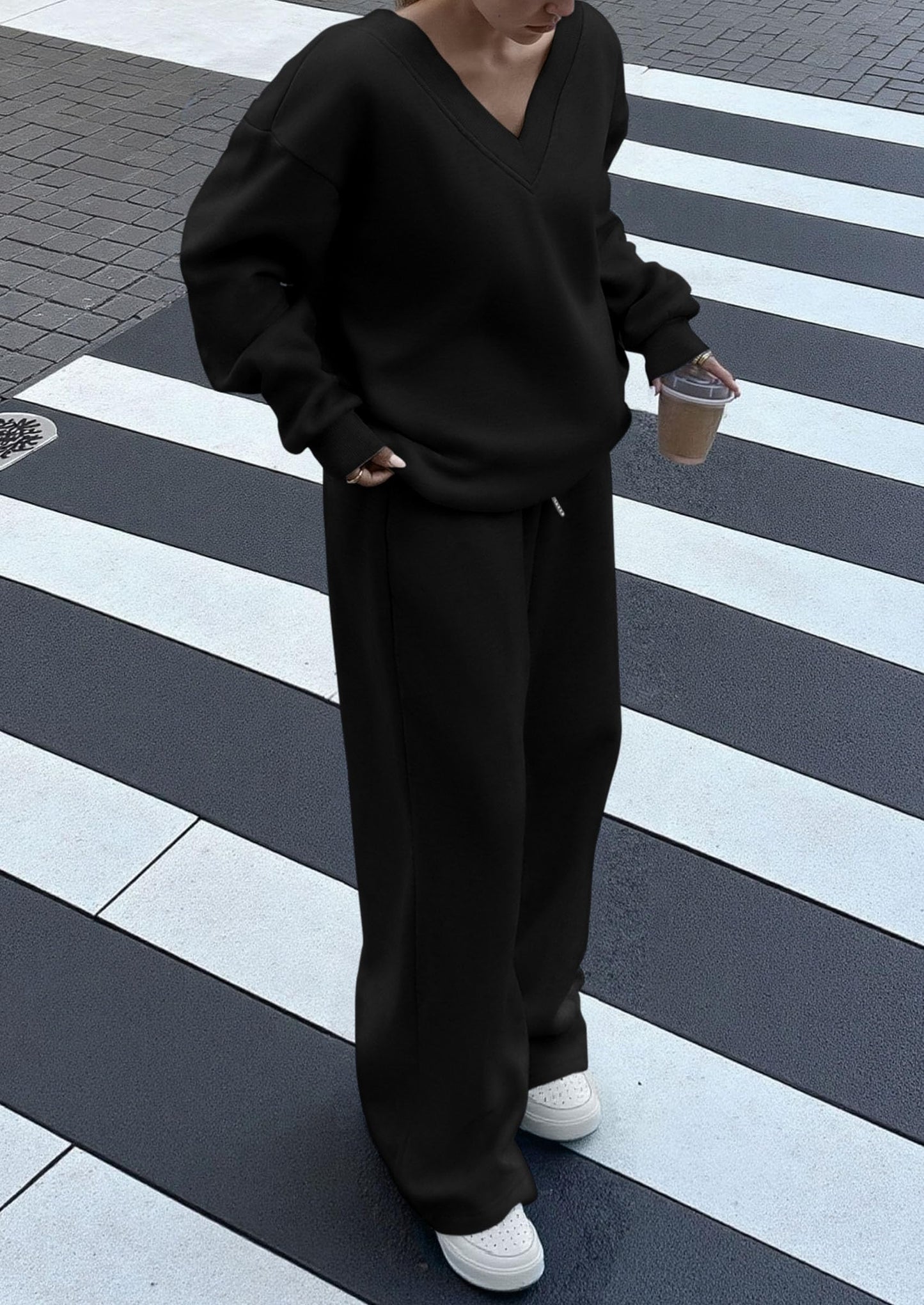 Casual Winter Two Piece Sets for Women V Neck Sweatshirt Loose Wide Leg Pants Tracksuit Knit Fall Outfits