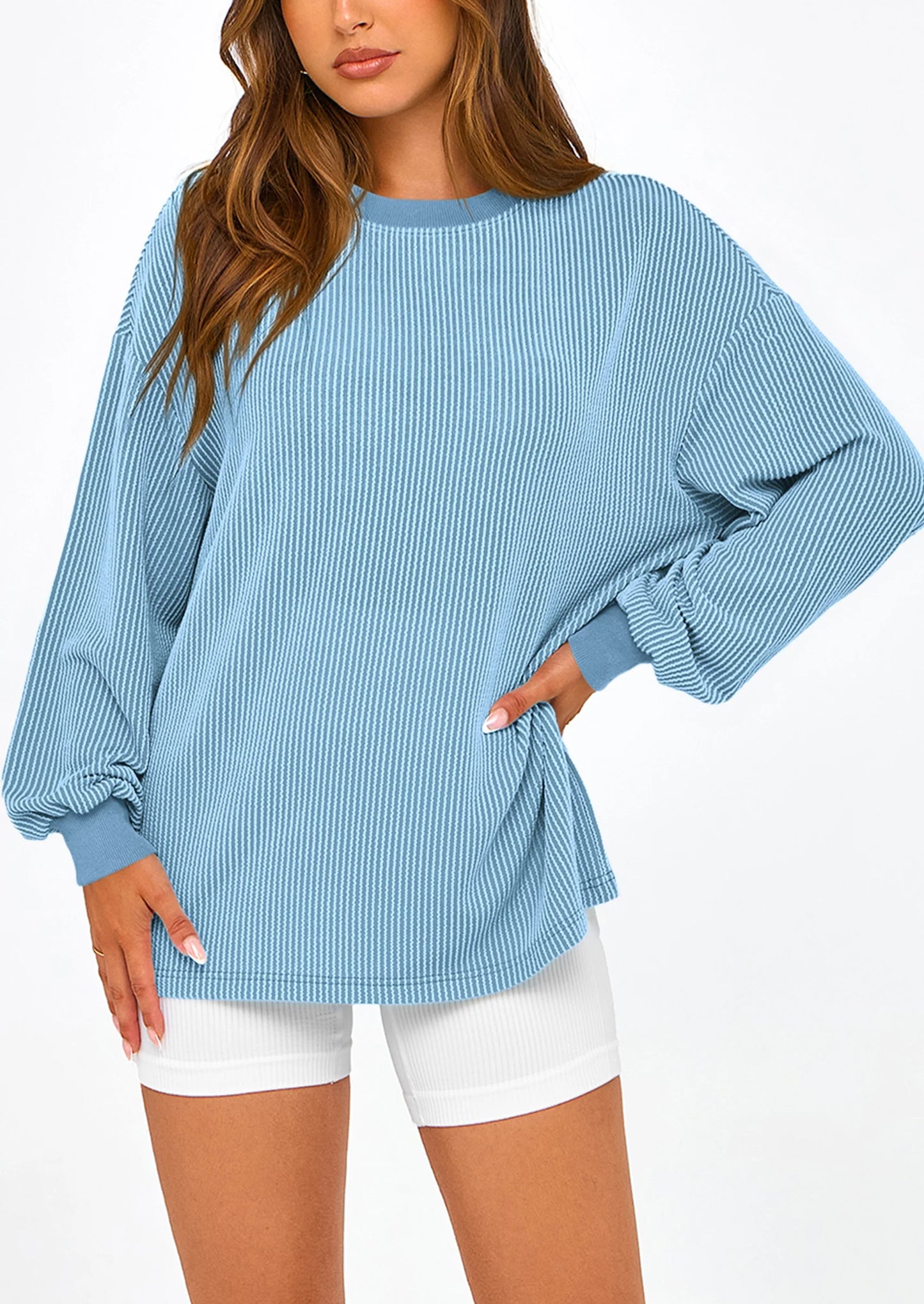 Women's Long Sleeve Tee Shirts Spring Fall Trendy Clothes Casual Loose Crewneck Ribbed Blouse Tunic Tops