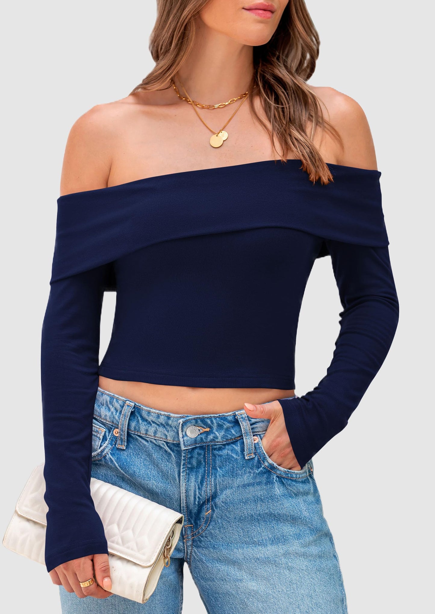 Off The Shoulder Tops for Women Long Sleeve Shirts Trendy Going Out Crop Top Spring Fashion Clothes