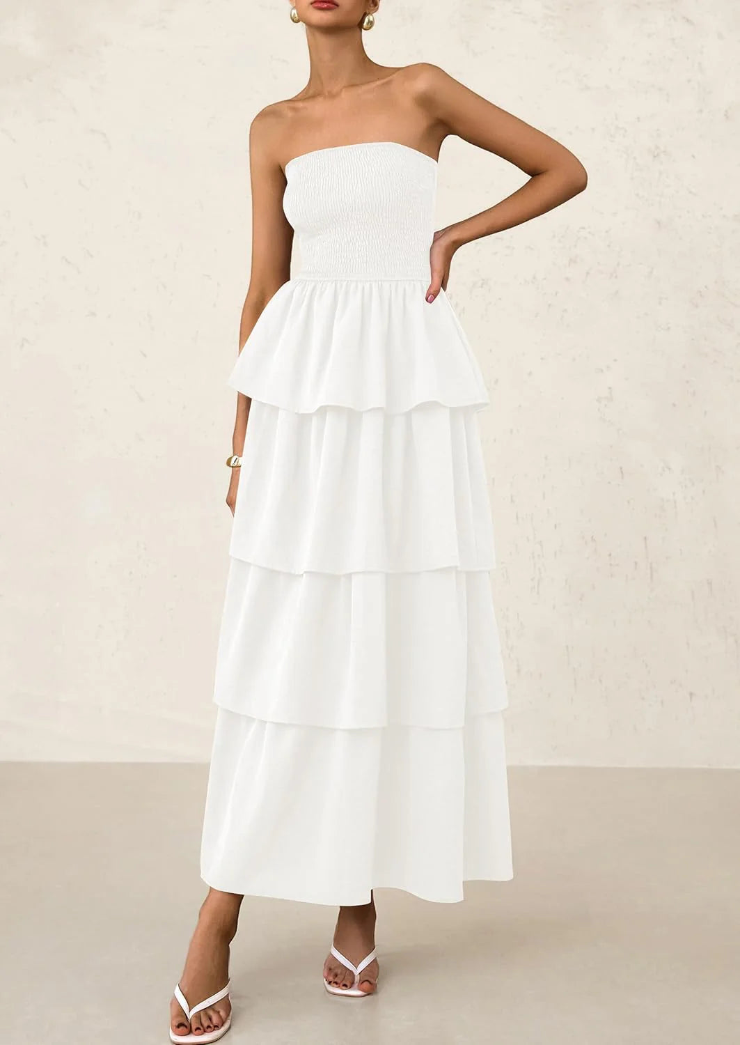 Maxi Dresses for Women Off Shoulder Smocked Tiered Ruffle Long Flowy Wedding Guest Dress