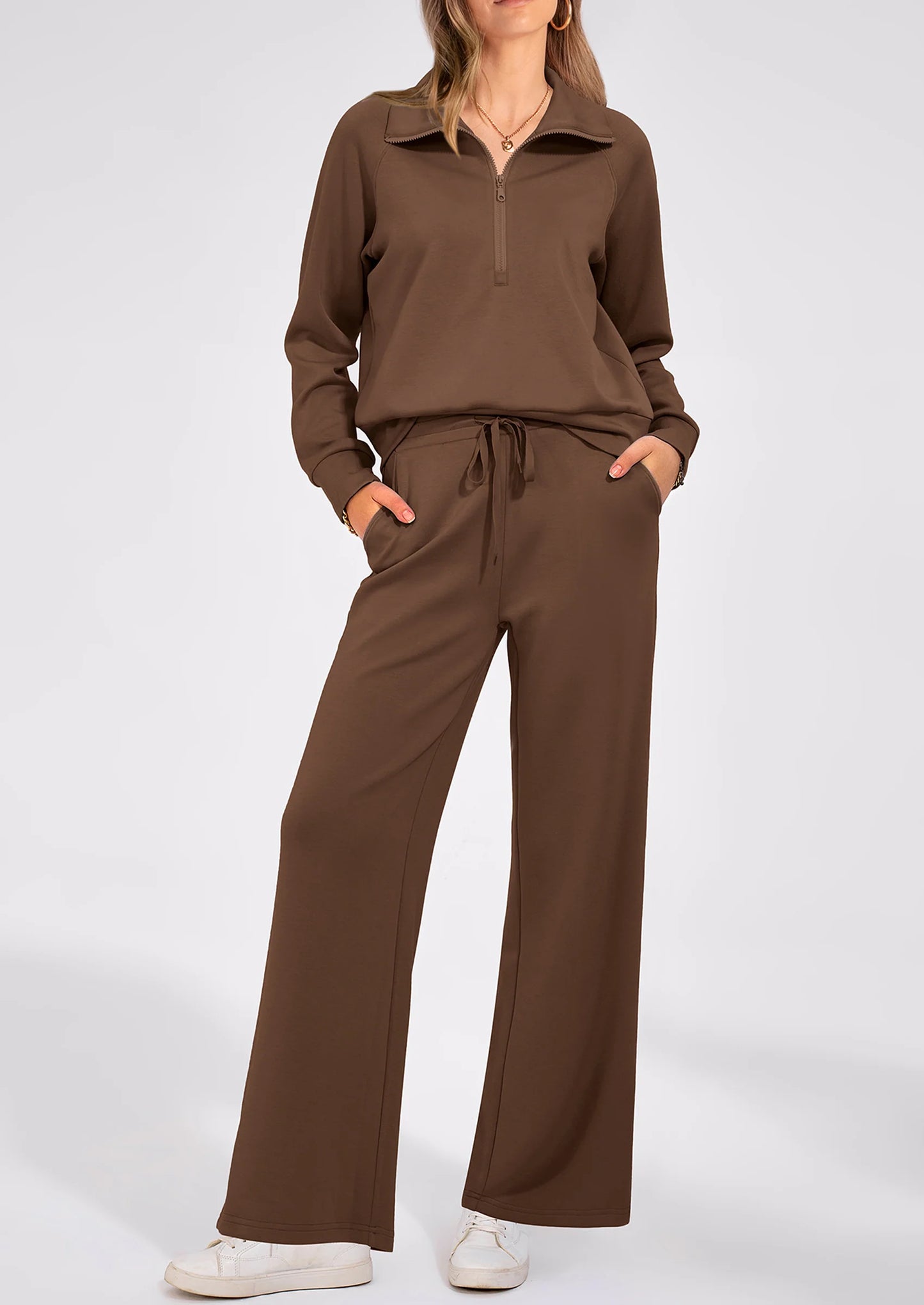 Women's 2 Piece Outfits Casual Lapel Half Zip Sweatshirts And Wide Leg Pants Tracksuit Sets