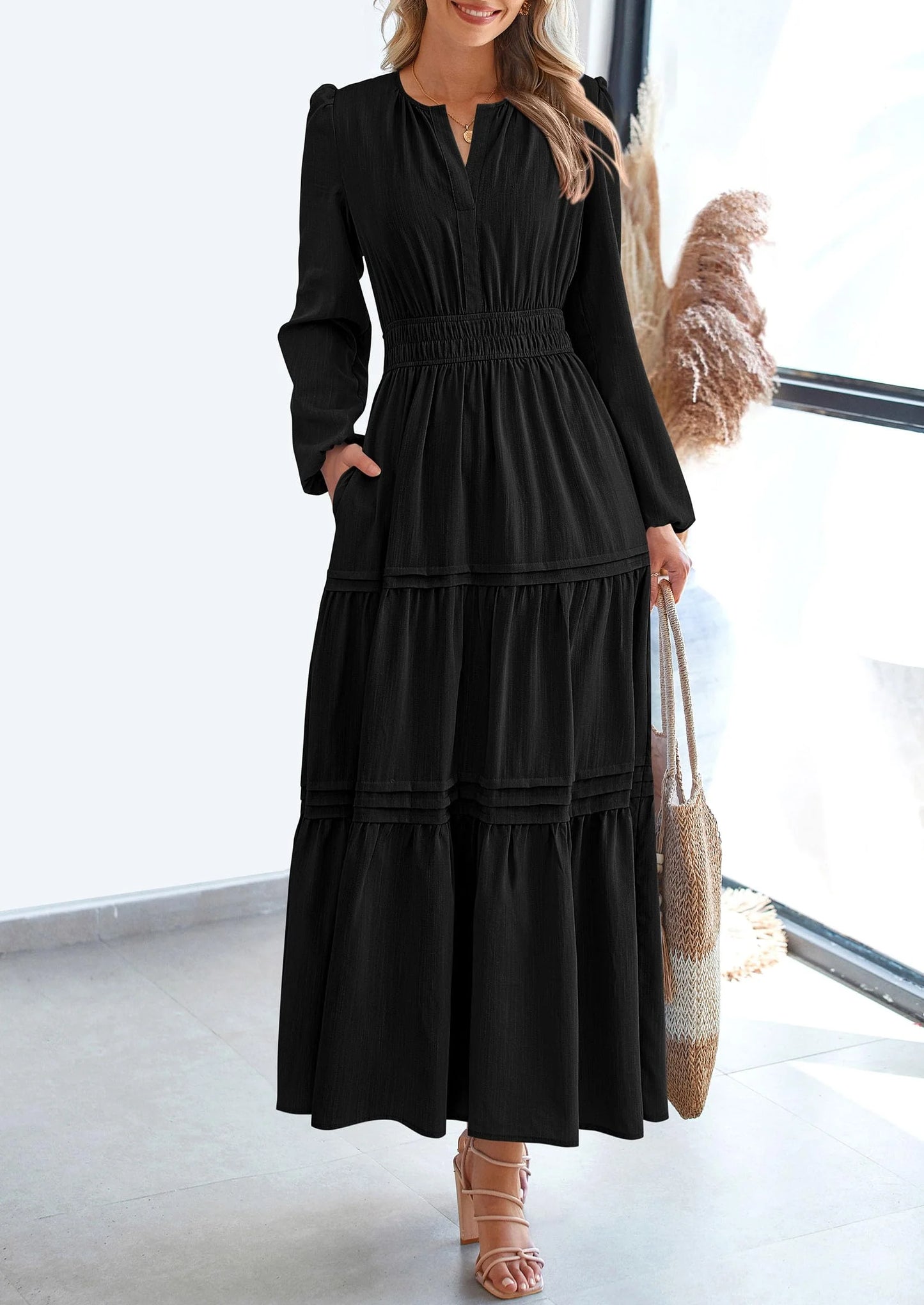 Women's Elegant Maxi Dresses Long Sleeve V Neck Flowy Pockets Casual Modest Dress Fall Fashion Clothes