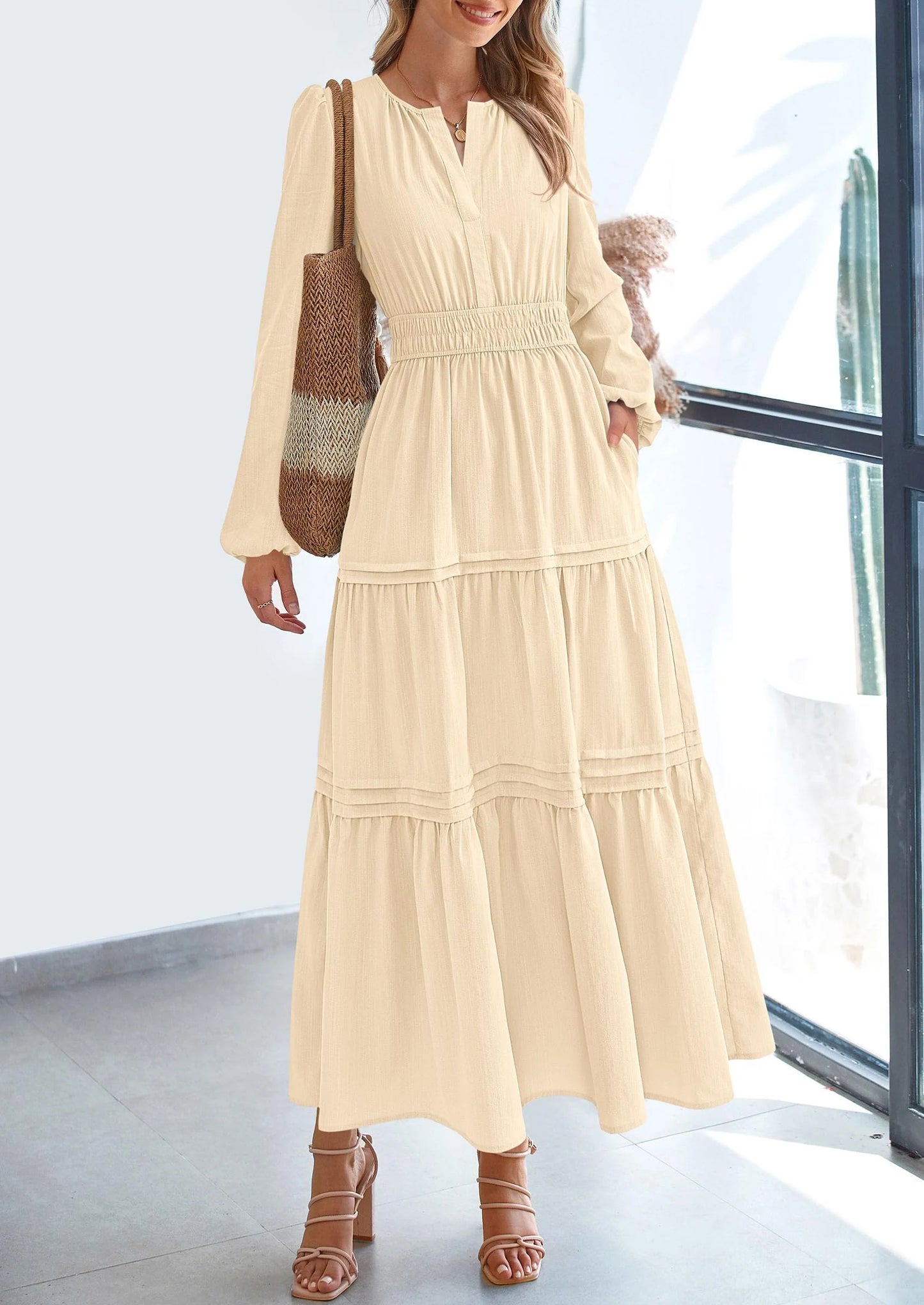 Women's Elegant Maxi Dresses Long Sleeve V Neck Flowy Pockets Casual Modest Dress Fall Fashion Clothes