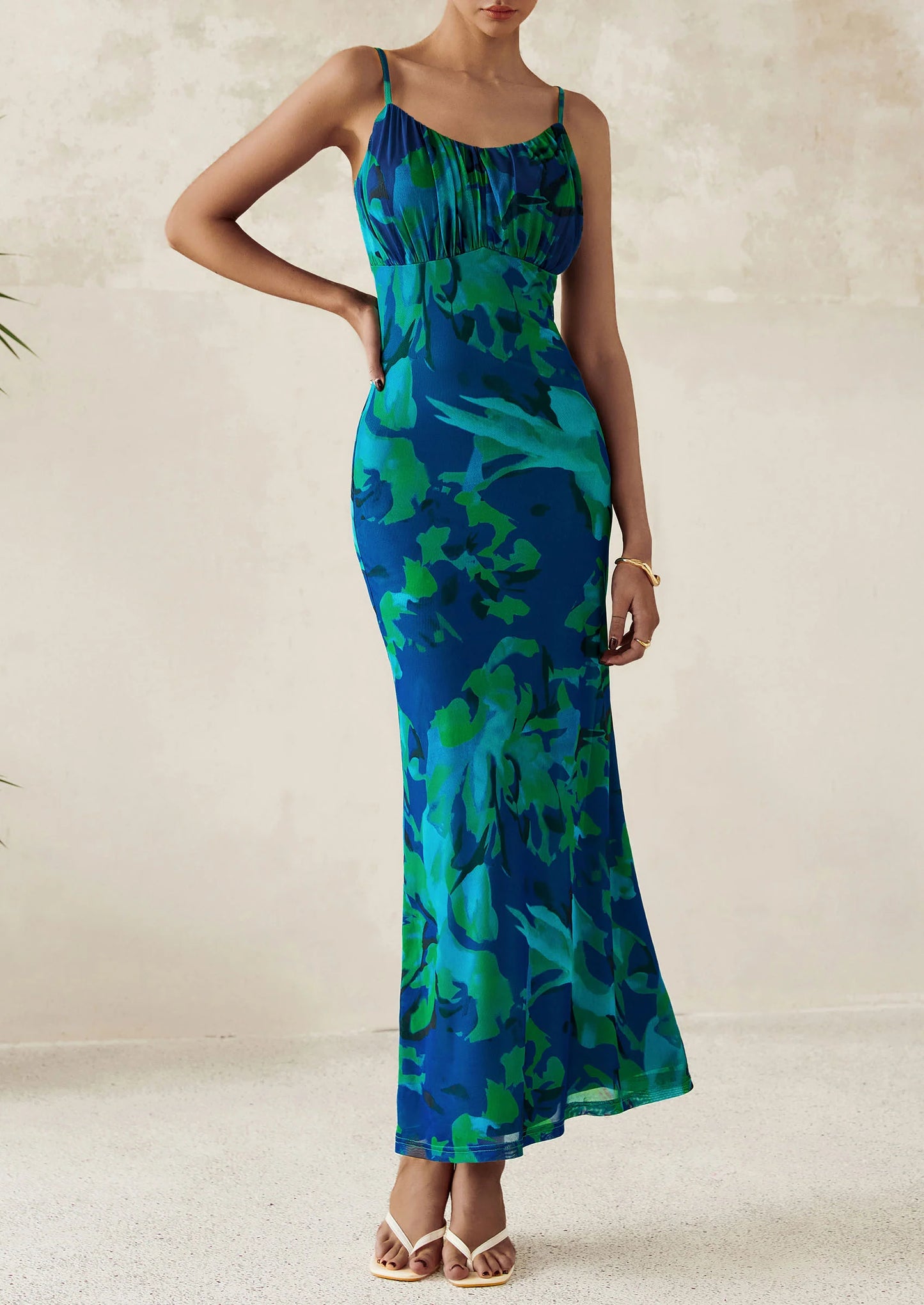 Women's Bodycon Maxi Dress Floral Sundress Sleeveless Spaghetti Strap Cocktail Party Dress