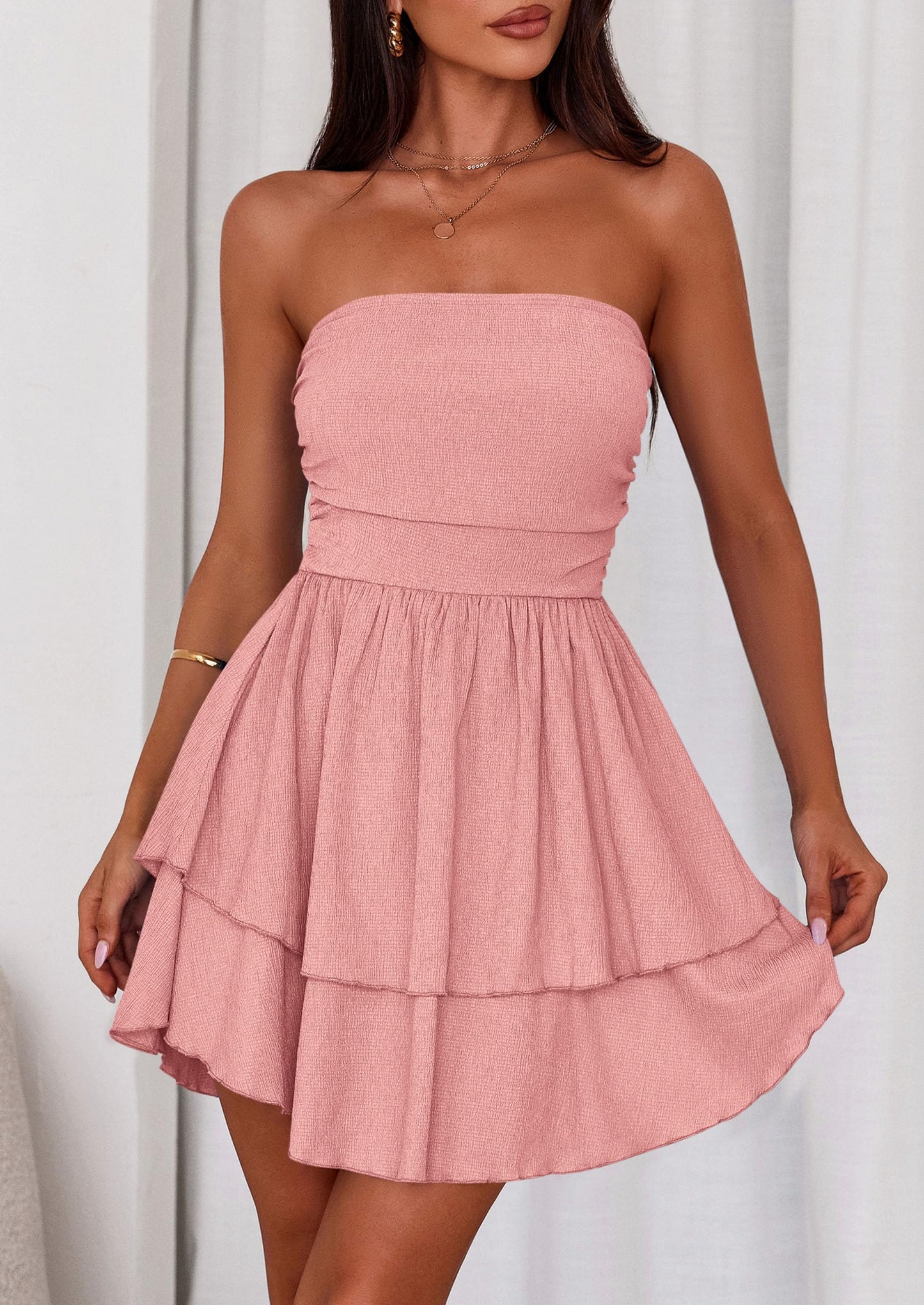 Women's Summer Strapless Tube Mini Dress Off Shoulder Smocked Ruffle A Line Flowy Short Party Club Dresses