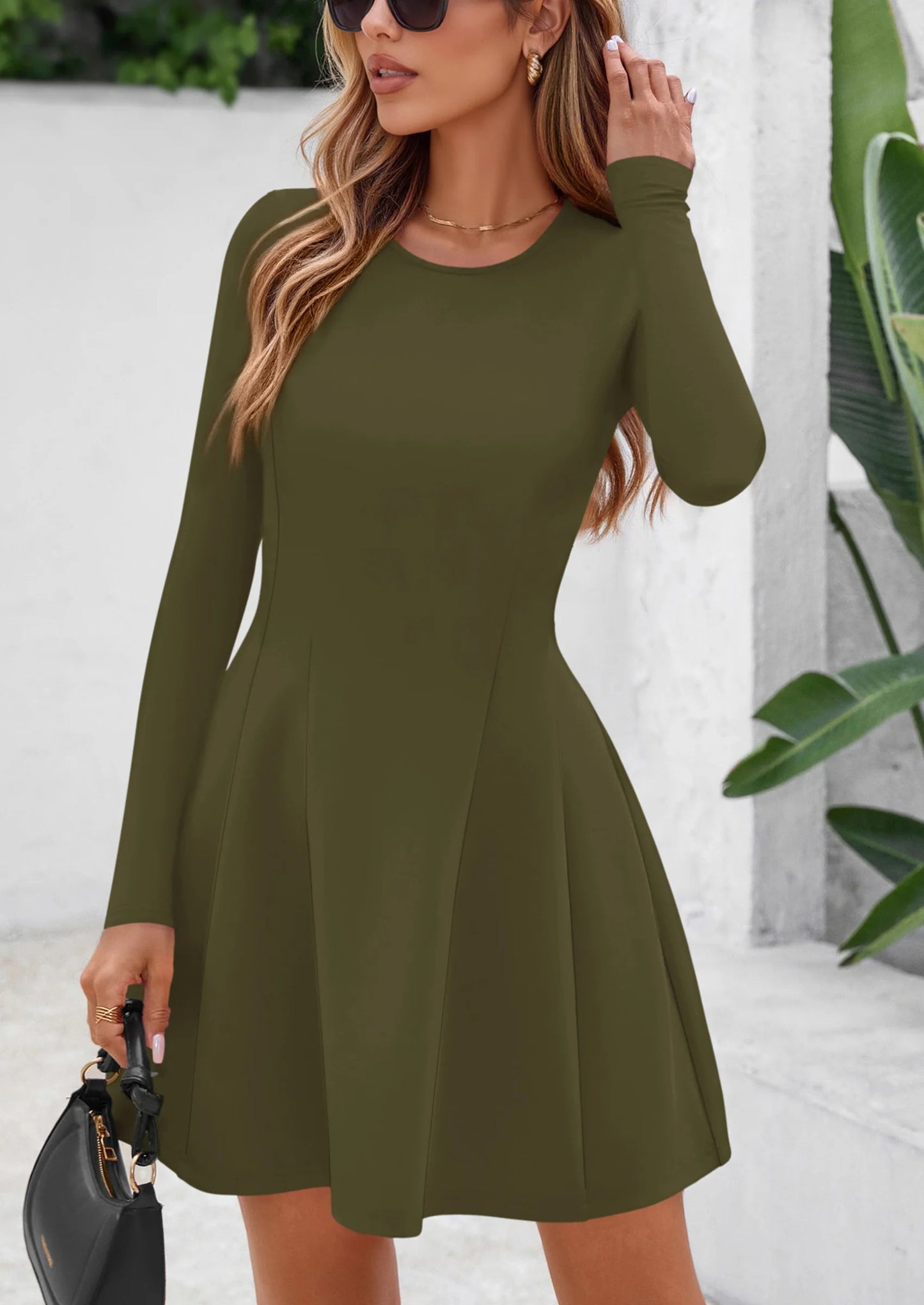 Long Sleeve Mini Dress for Women Fall Crewneck Knit Pleated Babydoll A Line Soft Casual Short Party Dresses