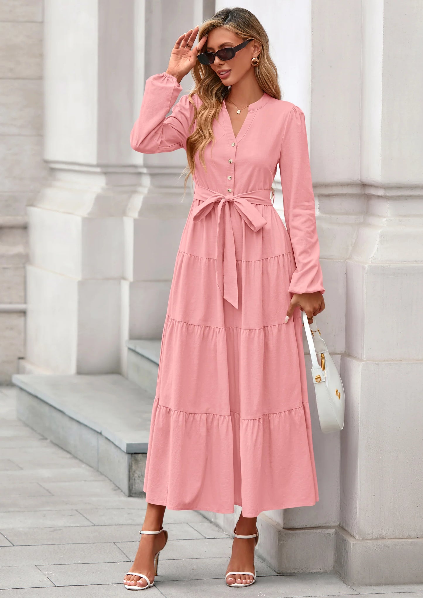 Fall Dresses for Women Long Sleeve V Neck Belted Ruffle A Line Flowy Boho Maxi Wedding Guest Dress Pockets