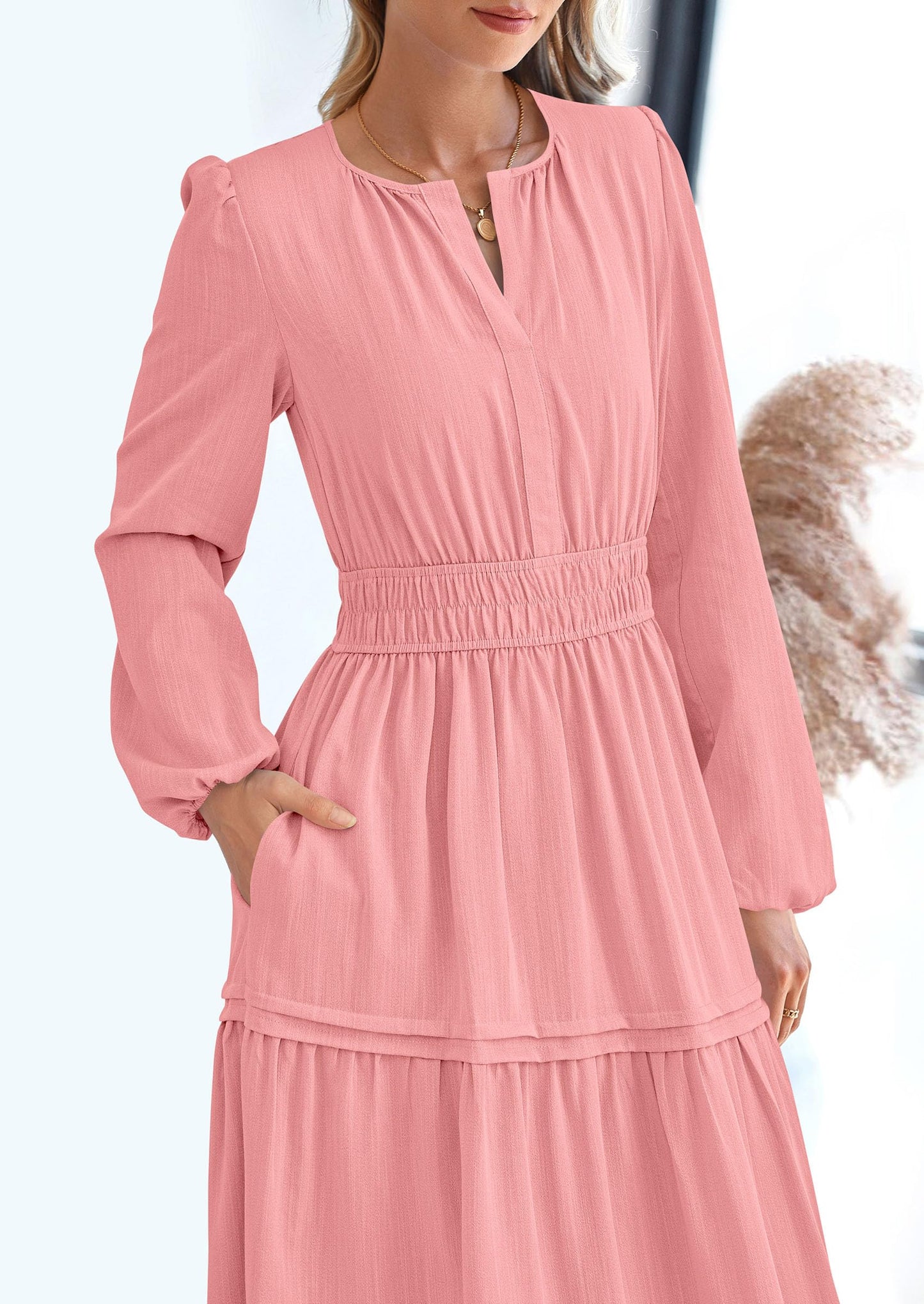 Women's Elegant Maxi Dresses Long Sleeve V Neck Flowy Pockets Casual Modest Dress Fall Fashion Clothes