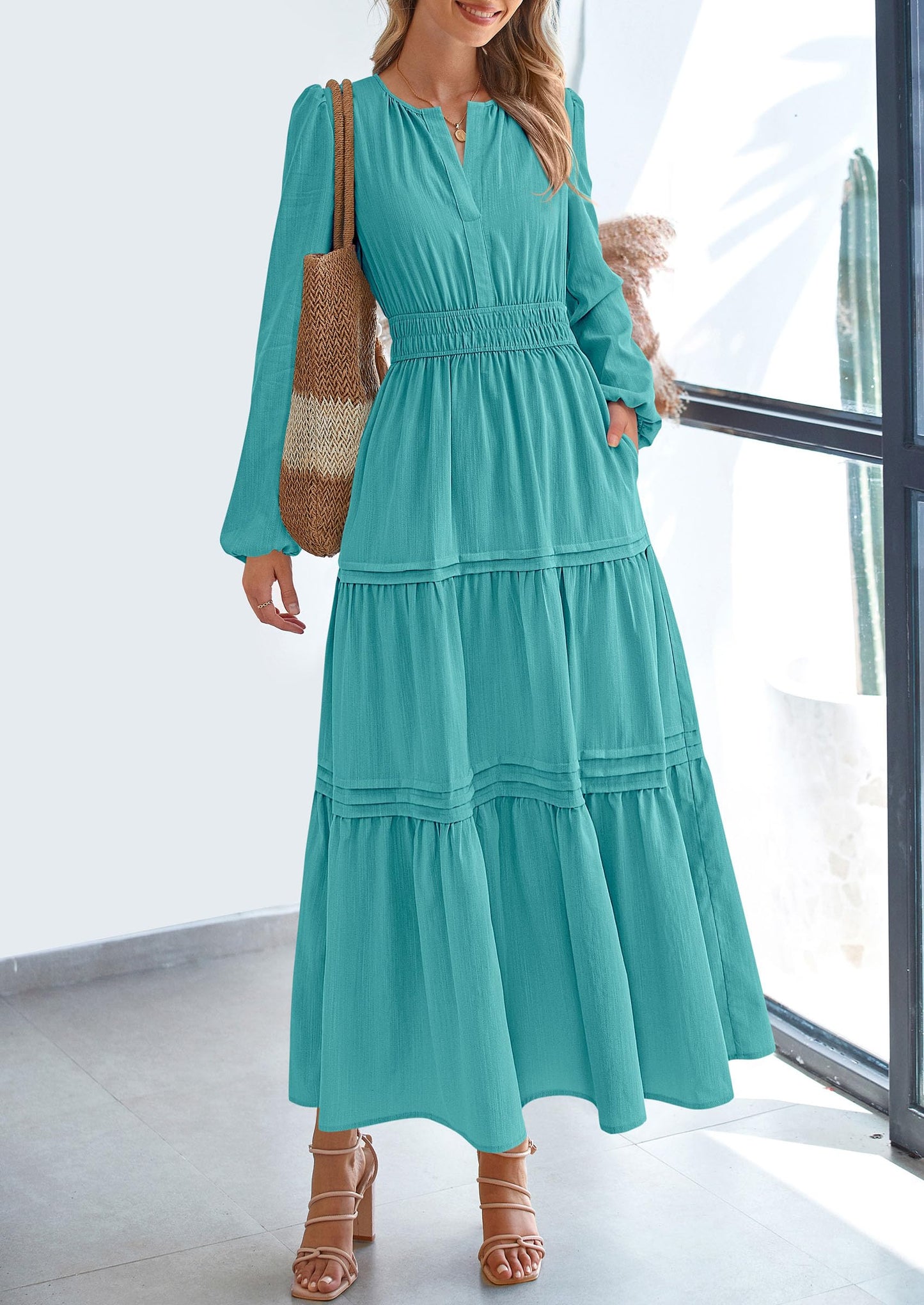 Women's Elegant Maxi Dresses Long Sleeve V Neck Flowy Pockets Casual Modest Dress Fall Fashion Clothes