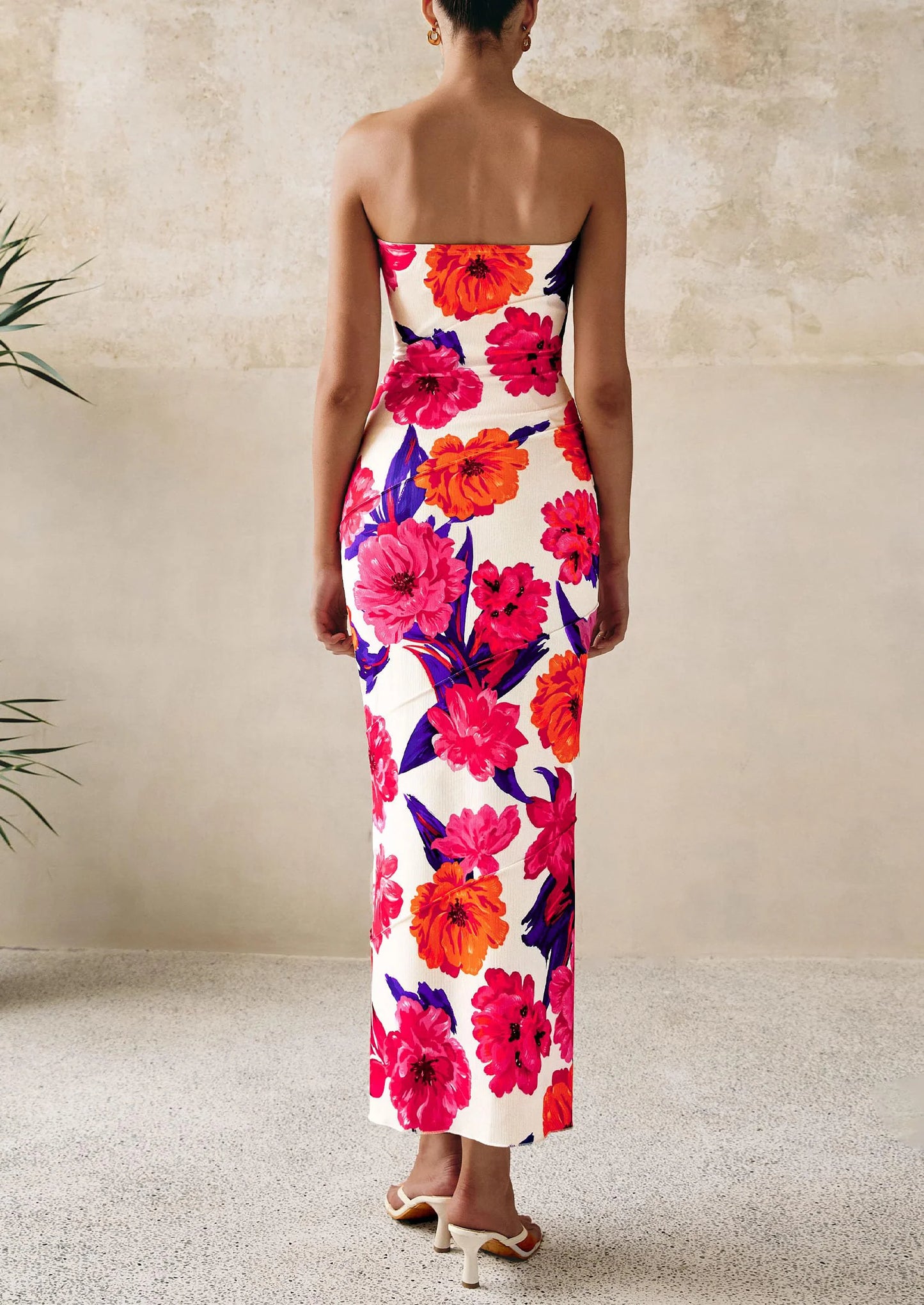 Women's Floral Bodycon Maxi Dresses Ribbed Strapless Tube Casual Boho Party Long Dress