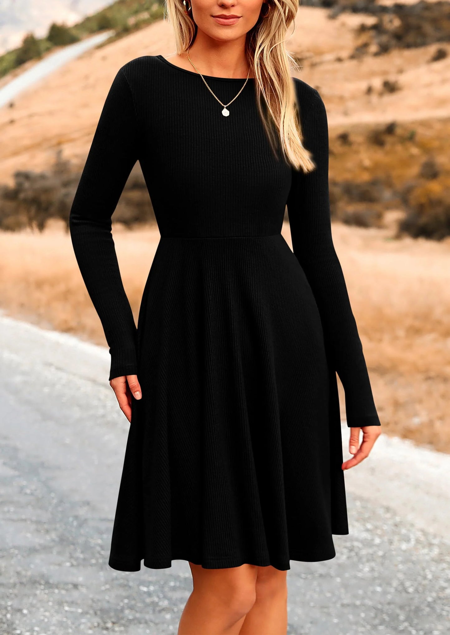 Women's Spring Fall Short Dress Ribbed Knit Crewneck Long Sleeve A Line Flowy Casual Elegant Going Out Dresses