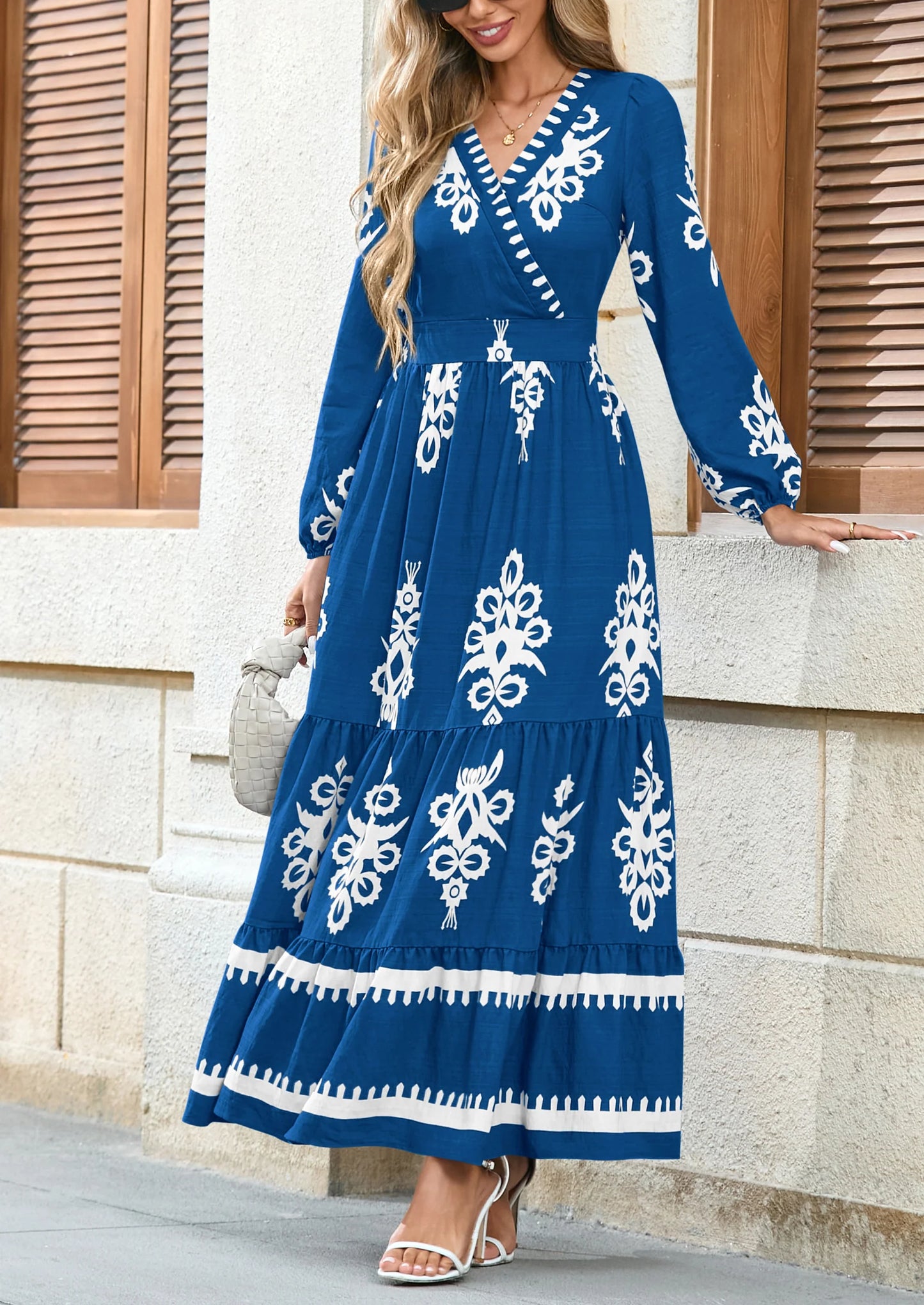 Women's Fall Wedding Guest Dresses Boho Floral Long Sleeve V Neck Flowy Elegant Maxi Dress Beach Clothes