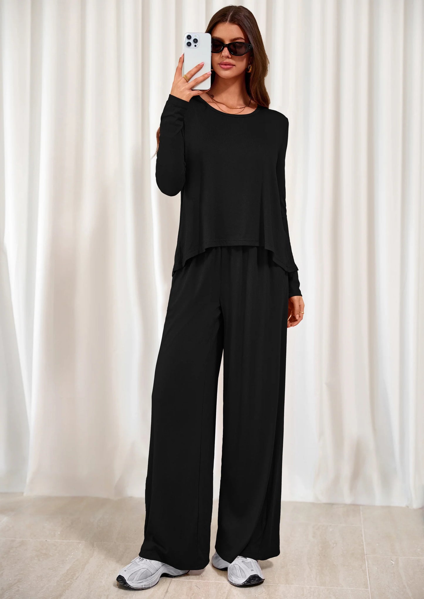Women's 2 Piece Fall Sets  Casual Long Sleeve Shirts Wide Leg Pants Lounge Travel Outfits Fashion Clothing