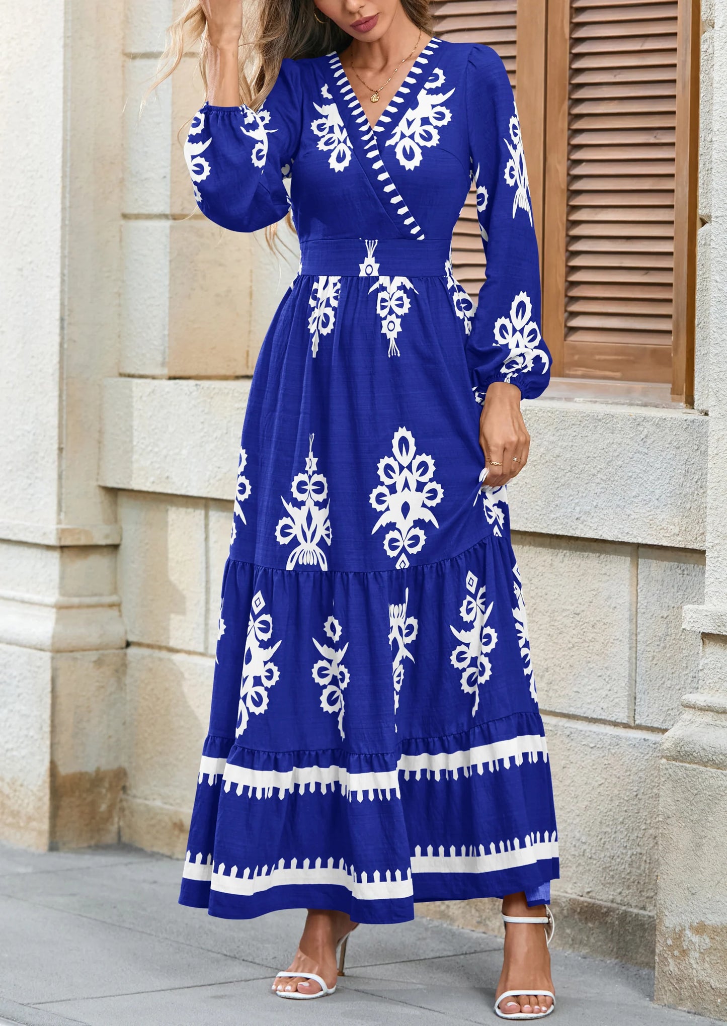 Women's Fall Wedding Guest Dresses Boho Floral Long Sleeve V Neck Flowy Elegant Maxi Dress Beach Clothes
