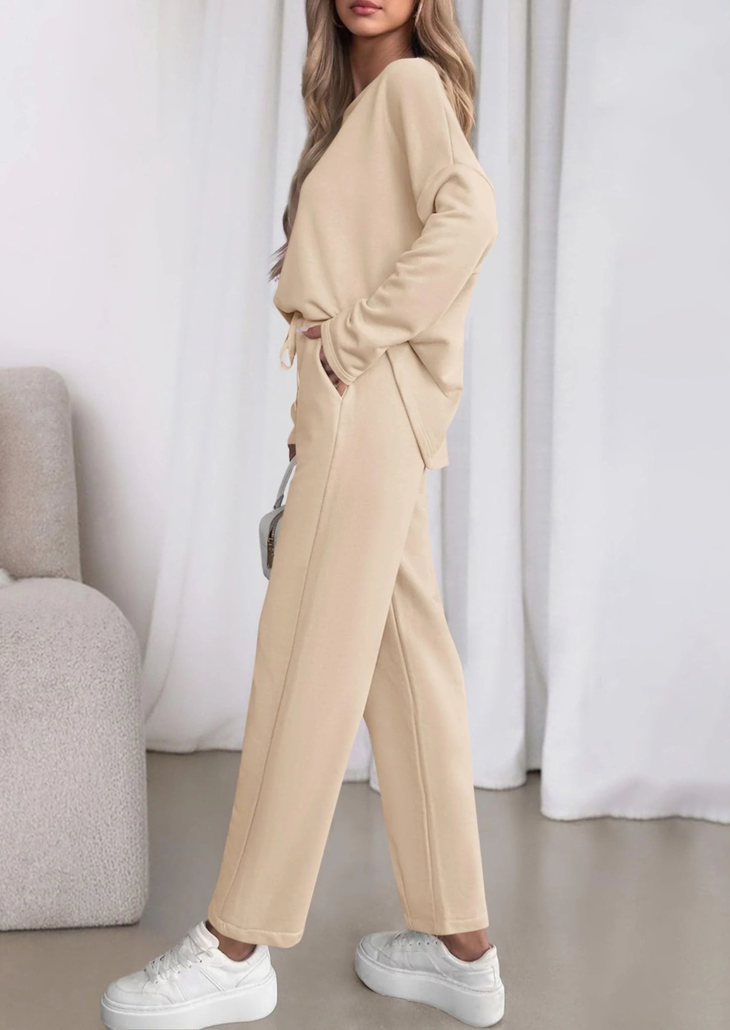 Womens 2 Piece Matching Lounge Sets Fall Long Sleeve Boatneck Sweatsuit Drawstring Sweatpants Pockets