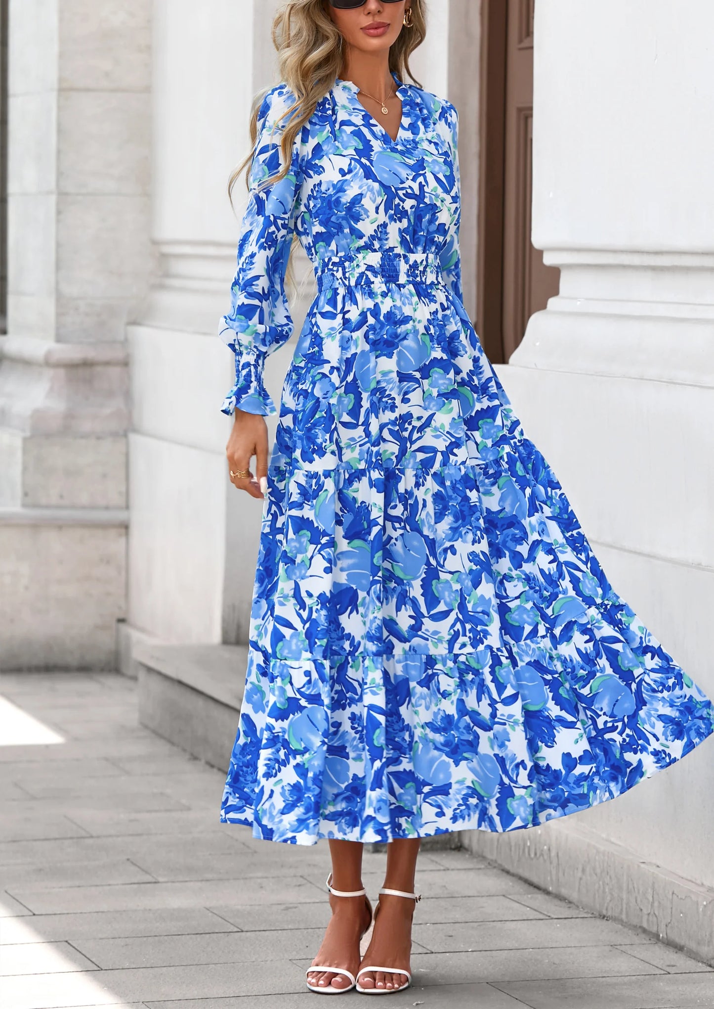 Women's Floral Maxi Dress Spring Long Sleeve V Neck Casual A Line Long Flowy Boho Party Dresses