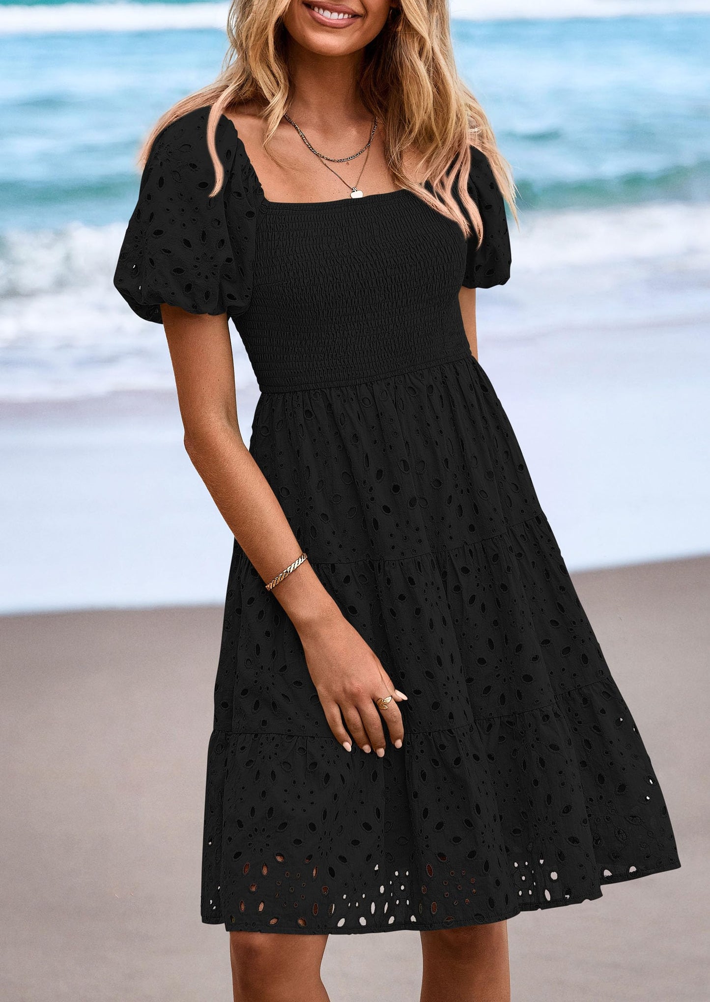 Womens Summer Puff Sleeve Mini Dress Off Shoulder Eyelet Smocked A Line Casual Babydoll Short Dresses