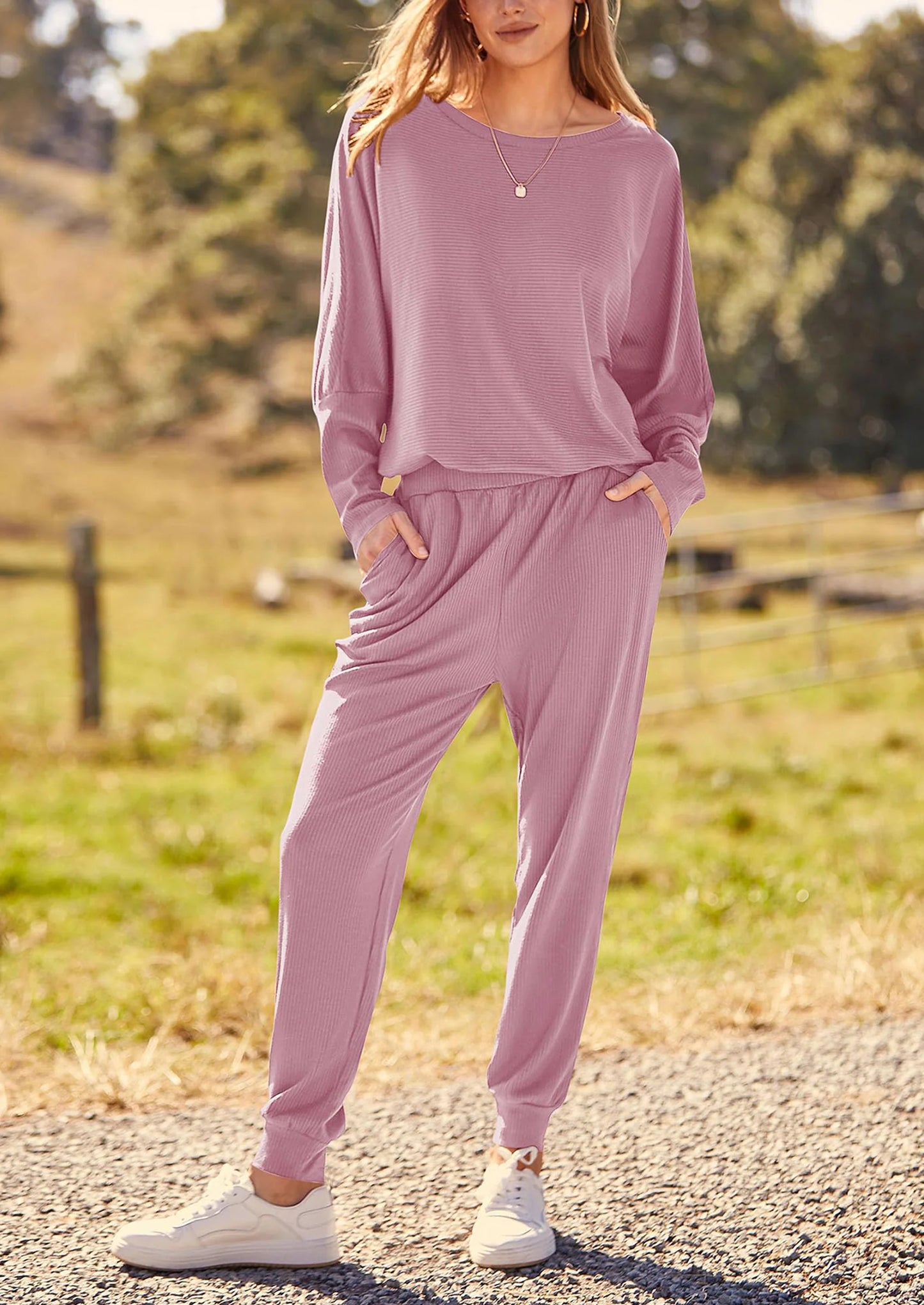Women's Fall 2 Piece Lounge Set Long Sleeve Tops Ribbed Pants Spring Matching Sweatsuit Travel Outfits Clothes