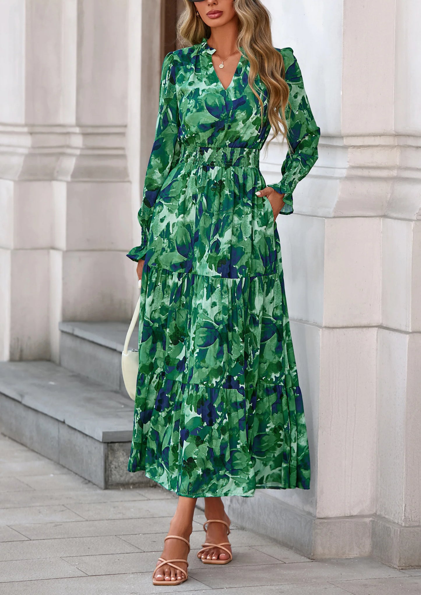 Women's Floral Maxi Dress Spring Long Sleeve V Neck Casual A Line Long Flowy Boho Party Dresses
