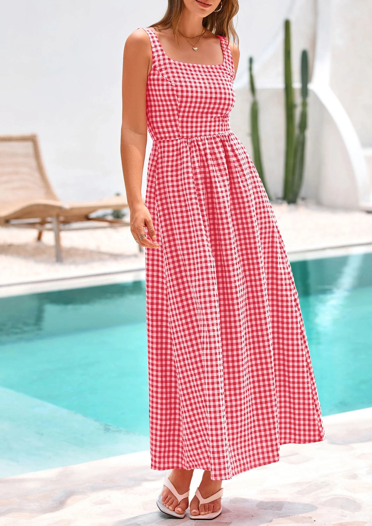 Women's Summer Spaghetti Strap Maxi Dresses Plaid Square Neck A Line Casual Beach Vacation Long Sundress