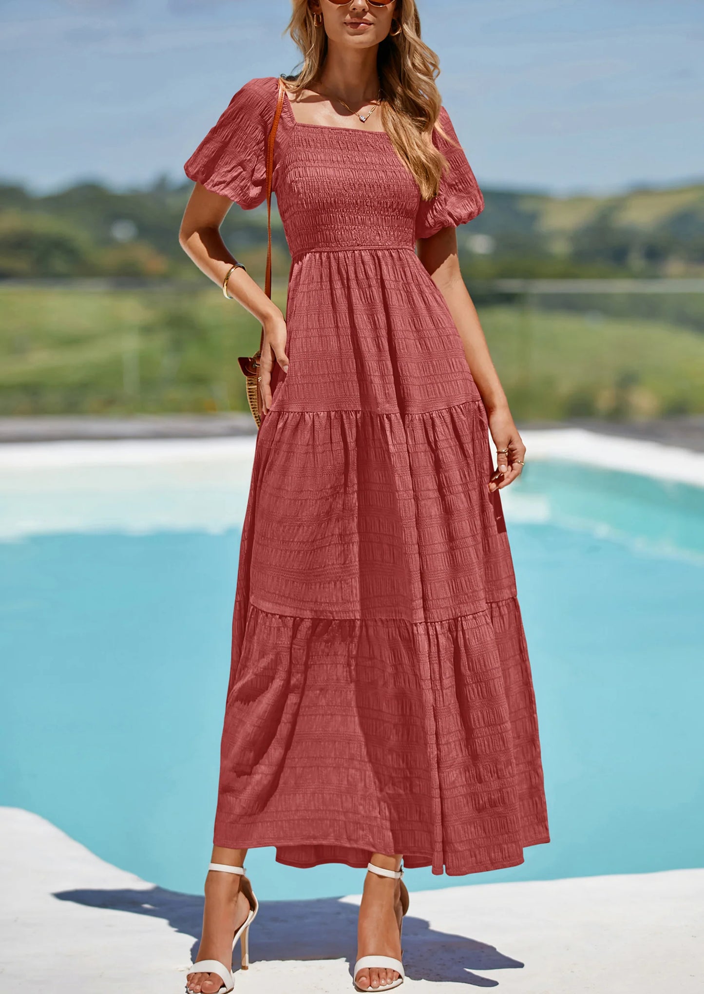 Womens Summer Puff Short Sleeve Maxi Dress Square Neck Smocked Tiered Ruffle A Line Long Flowy Beach Dresses