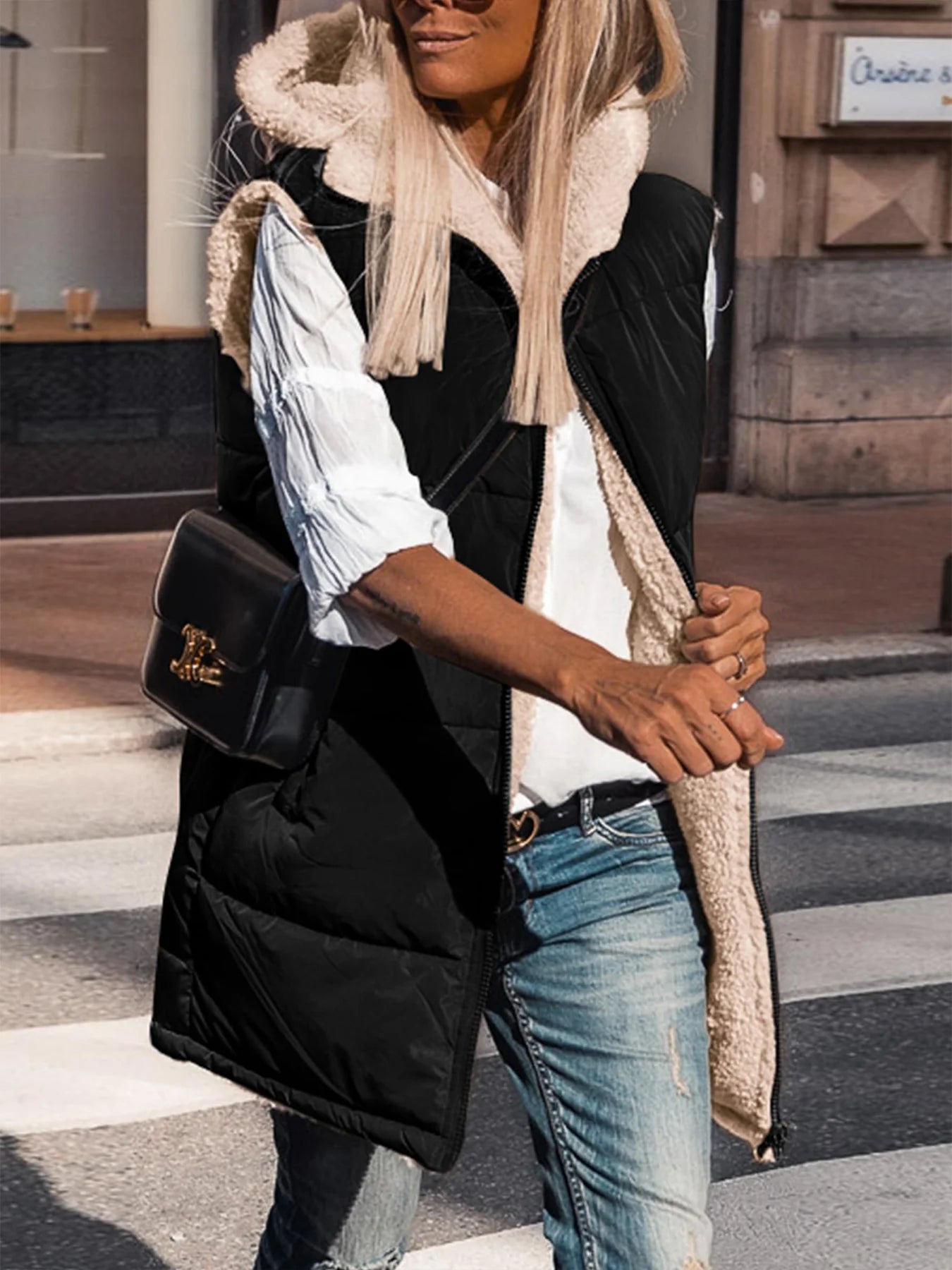 Womens Fall Reversible Vests Sleeveless Fleece Jacket Zip Up Hoodie Pockets Long Warm Winter Coat Outerwear