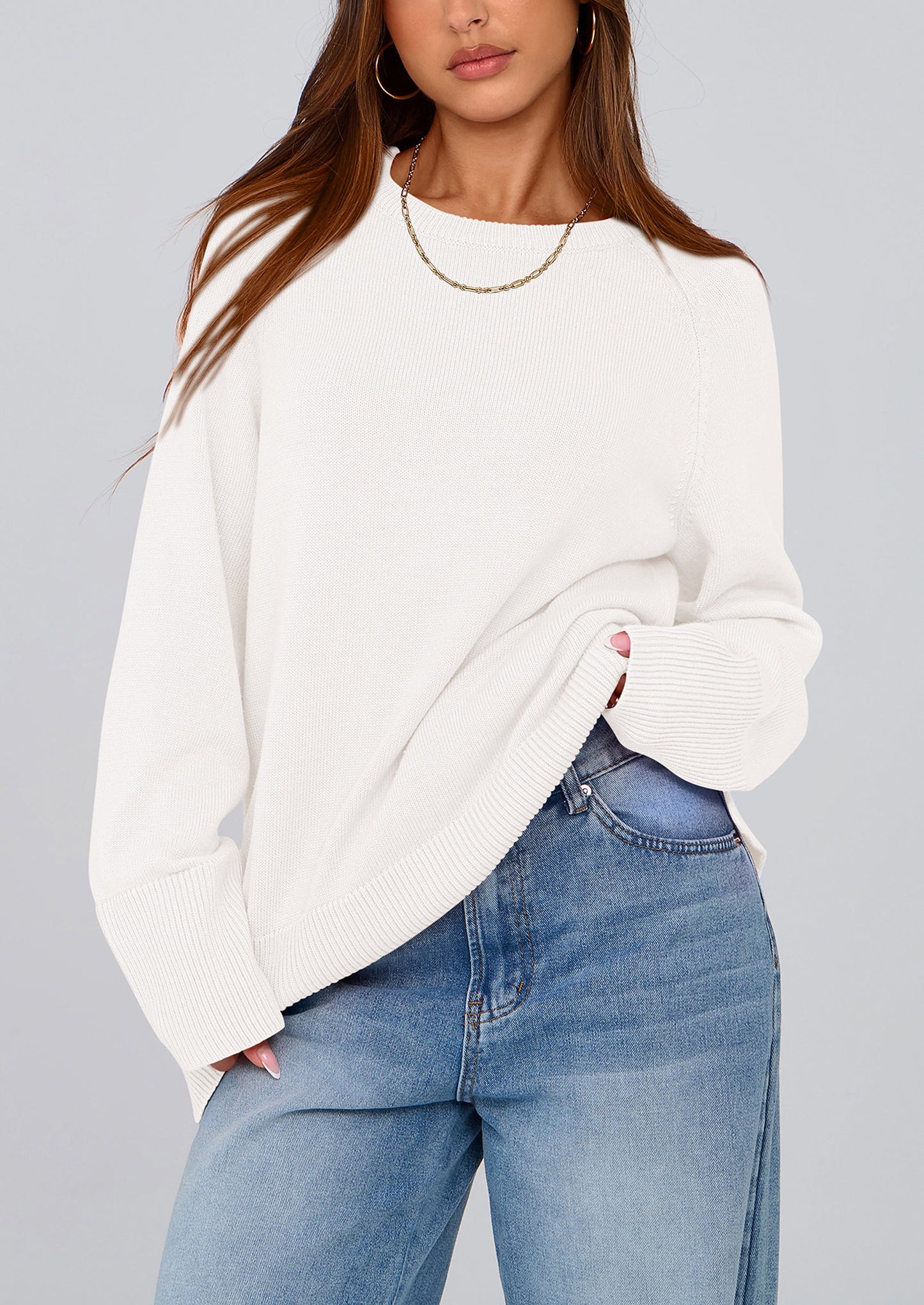 Women's Knit Fall Sweaters Long Sleeve Pullover Crewneck Split Hem Oversized Tunic Sweater Tops Winter Clothing
