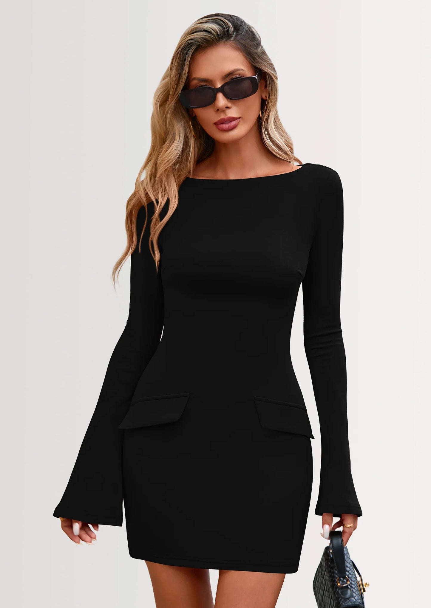 Womens Fall Long Sleeve Mini Dress Trendy Boat Neck Bodycon Knit Elegant Short Party Dresses