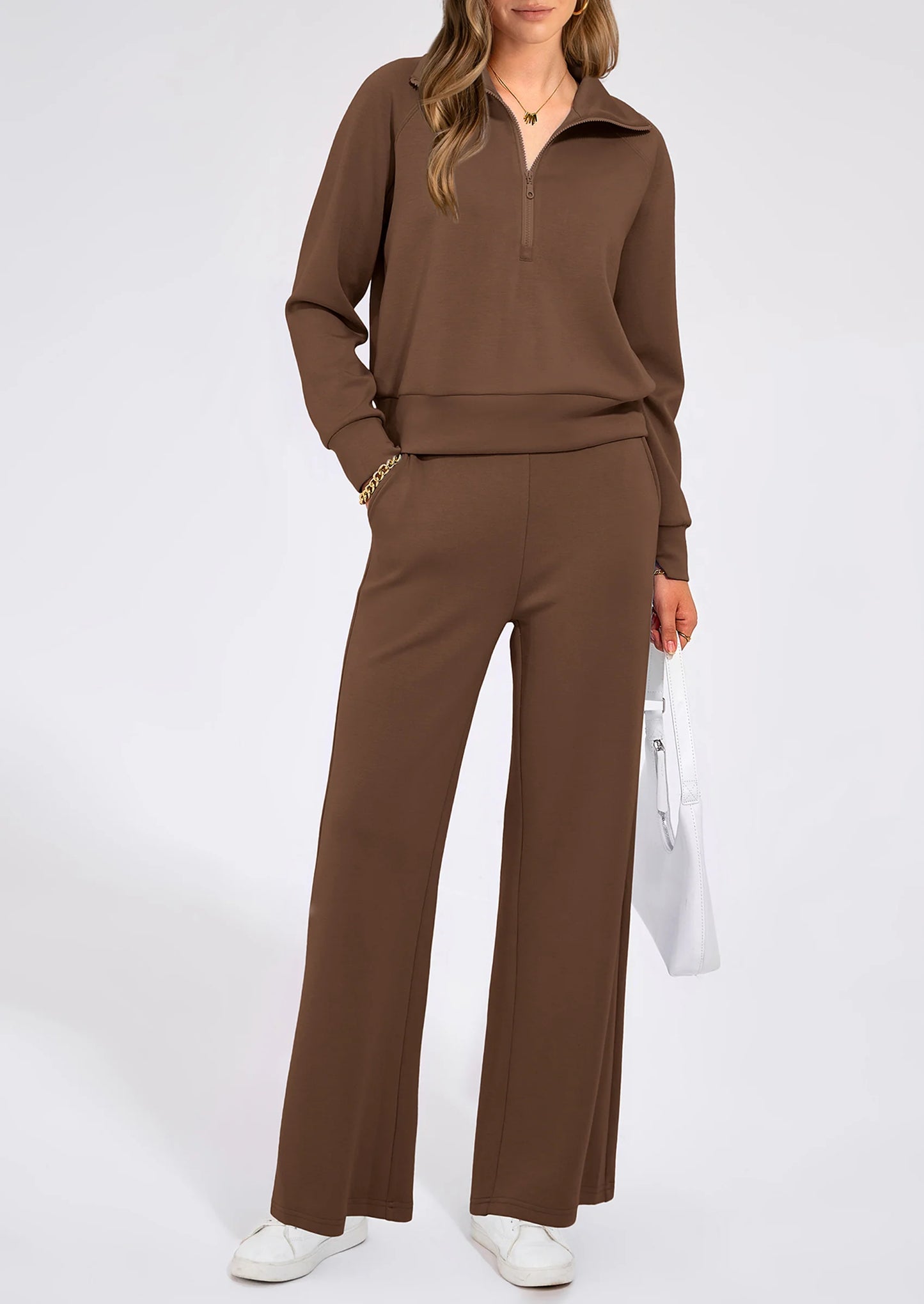 Women's 2 Piece Outfits Casual Lapel Half Zip Sweatshirts And Wide Leg Pants Tracksuit Sets