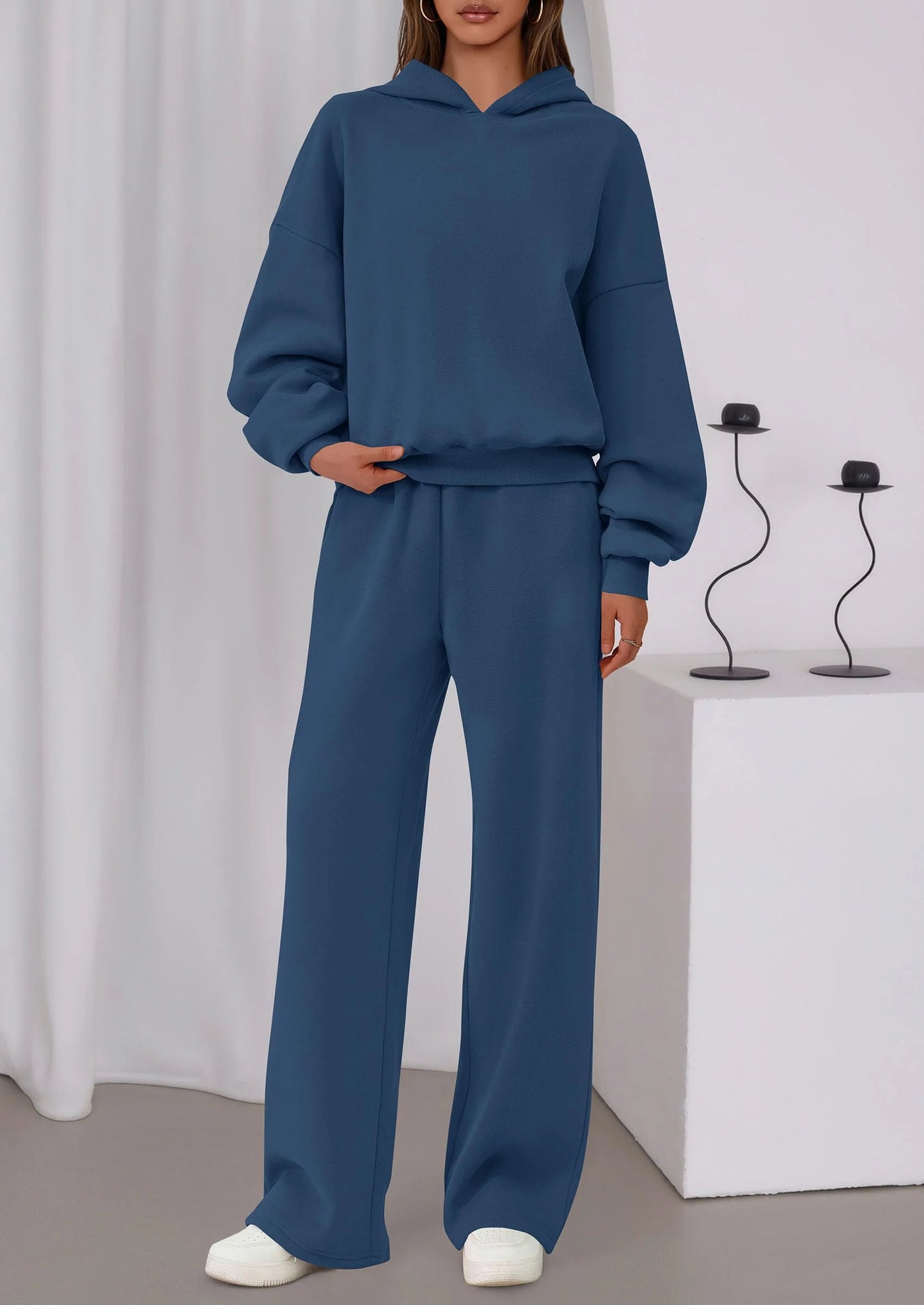 Womens Sweatsuits 2 Piece Set Casual Winter Long Sleeve Hoodie Loose Wide Leg Sweatpants Fall Tracksuit