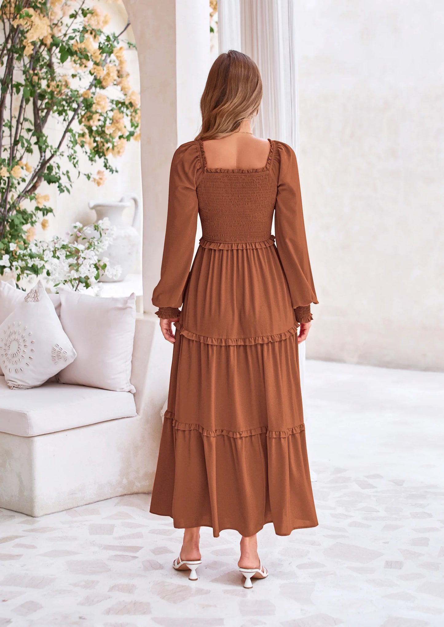 Fall Wedding Guest Dresses for Women Long Sleeve Square Neck Tiered A Line Modest Elegant Flowy Dresses