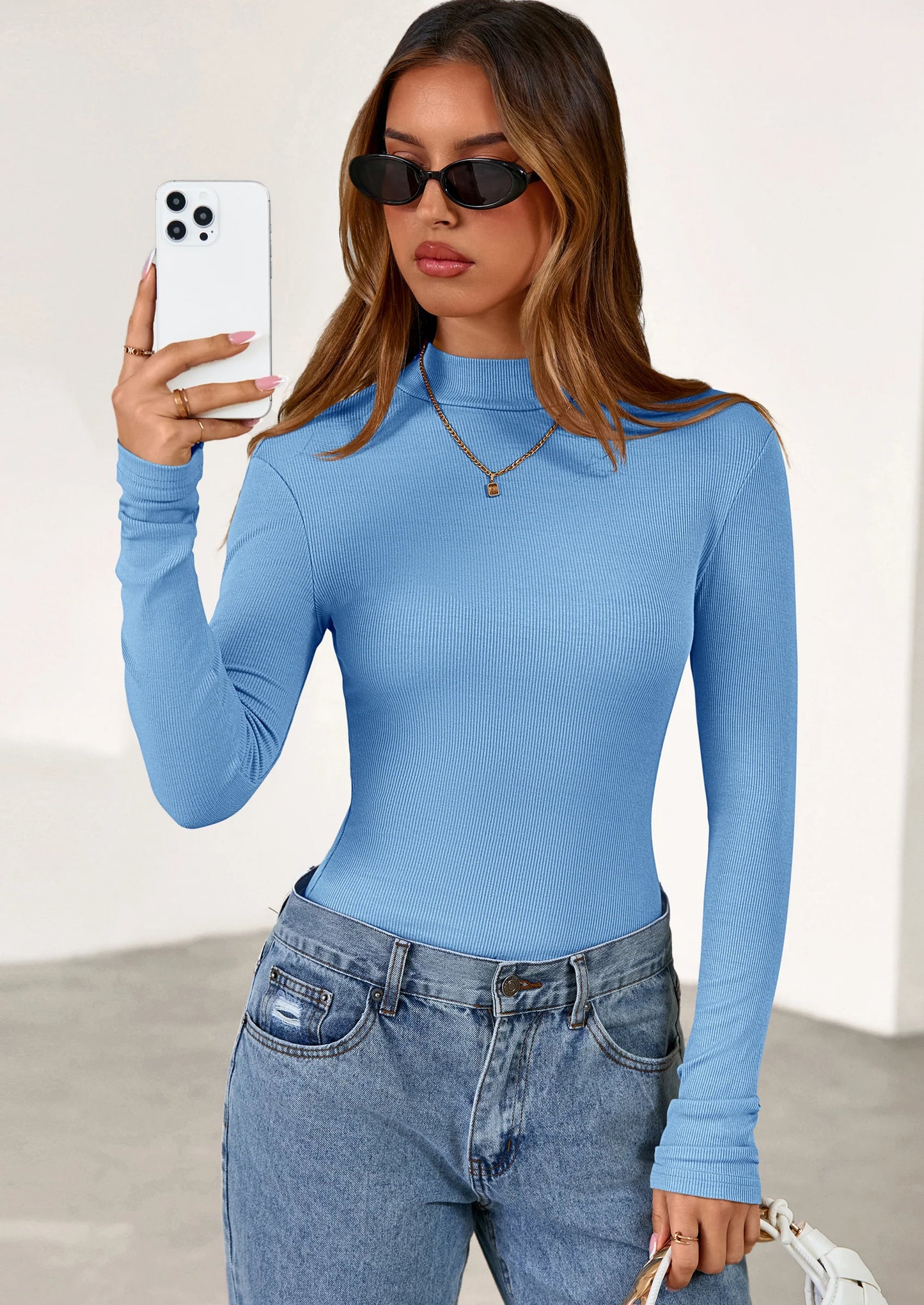Women's Turtleneck Long Sleeve Shirts Fall Basic Tees Ribbed Fitted Tops Thermal Layering Knit Top Clothes