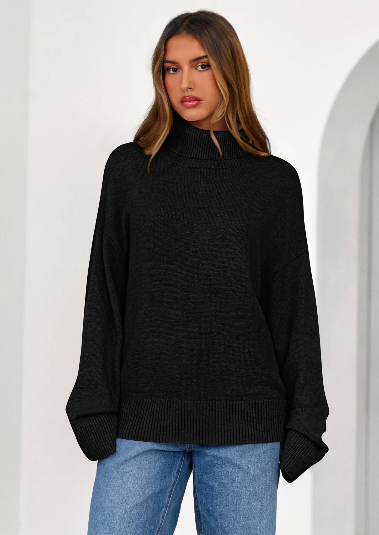 Womens Turtleneck Long Sleeve Sweater Fall Trendy Loose Fit Casual Tops Chunky Knit Pullover Sweaters