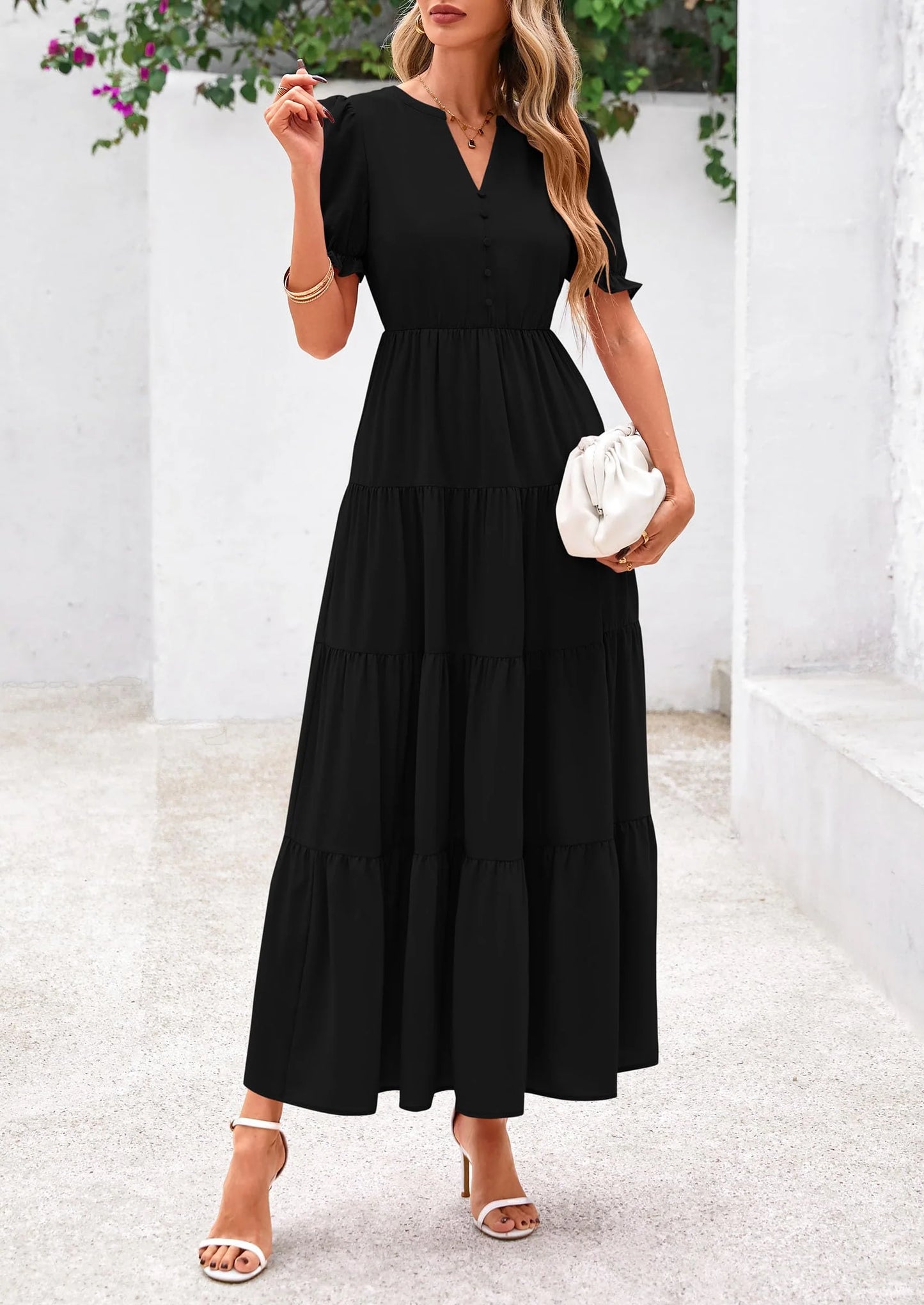 Women's Casual Short Sleeve V Neck Midi Dresses Spring A-line Tiered Wedding Guest Dress