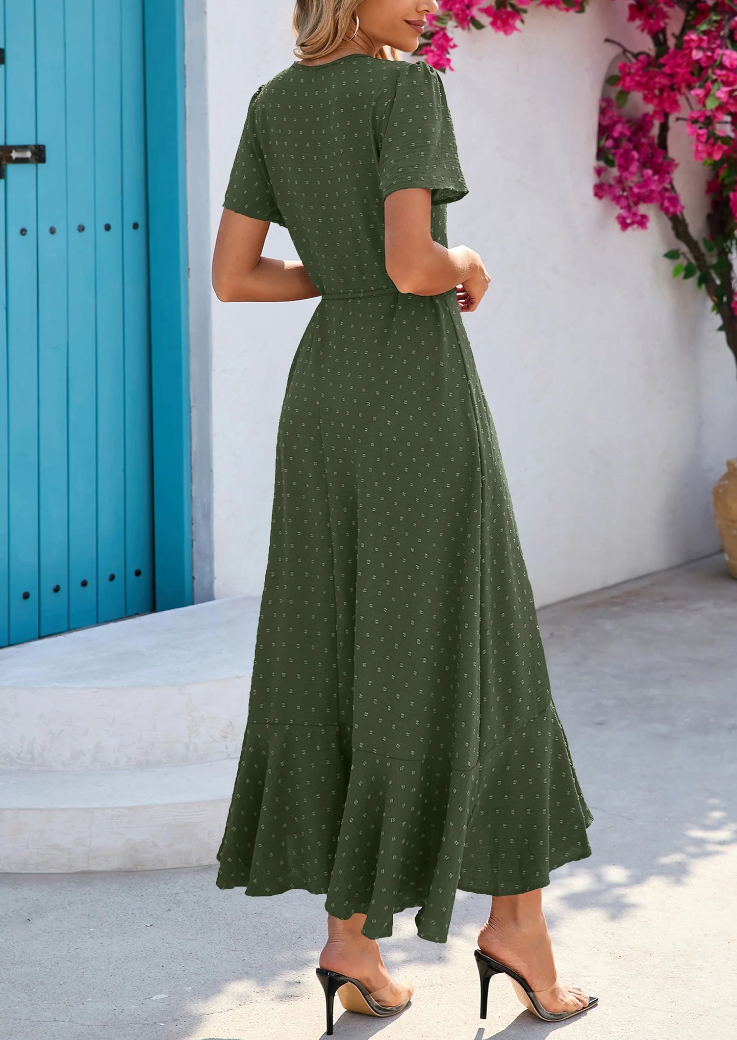 Women's Summer Maxi Dress Casual Wrap Floral Boho Short Sleeve V Neck Split Ruffle Beach Long Dresses