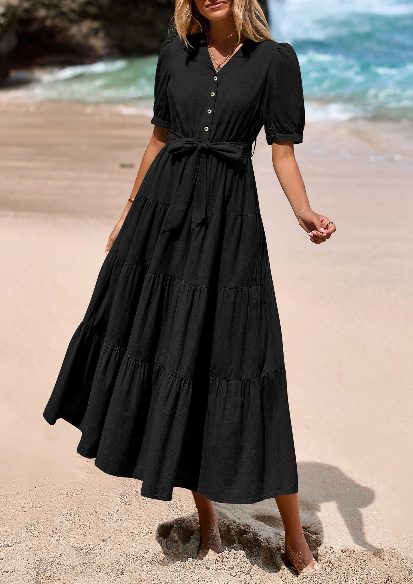 Women's Midi Dress Casual Short Sleeve V Neck Buttons Belted Ruffle A Line Flowy Dress with Pockets