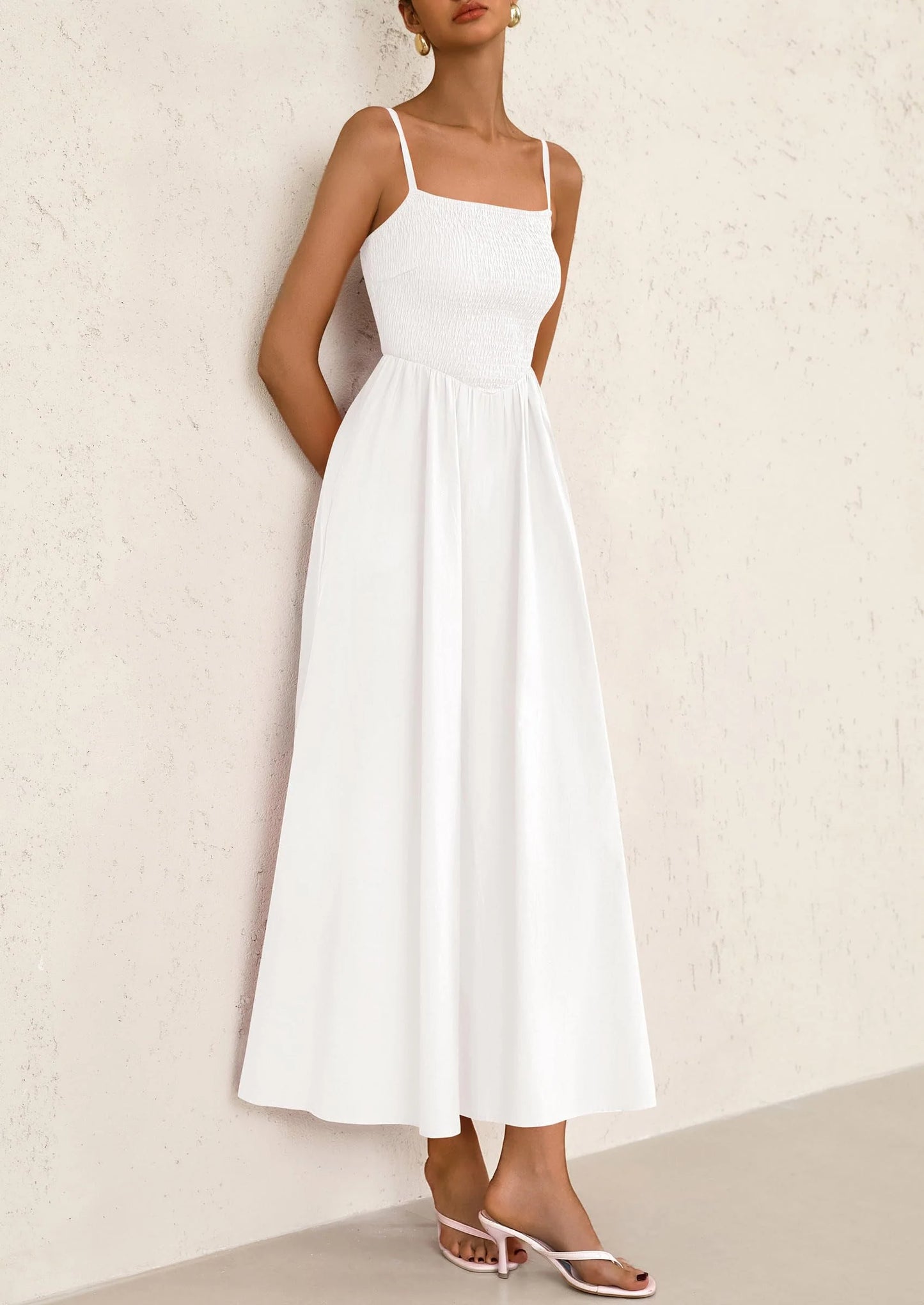 Women's Smocked Maxi Dresses Beach Sundress Casual Spaghetti Strap Swing A Line Long Flowy Dress