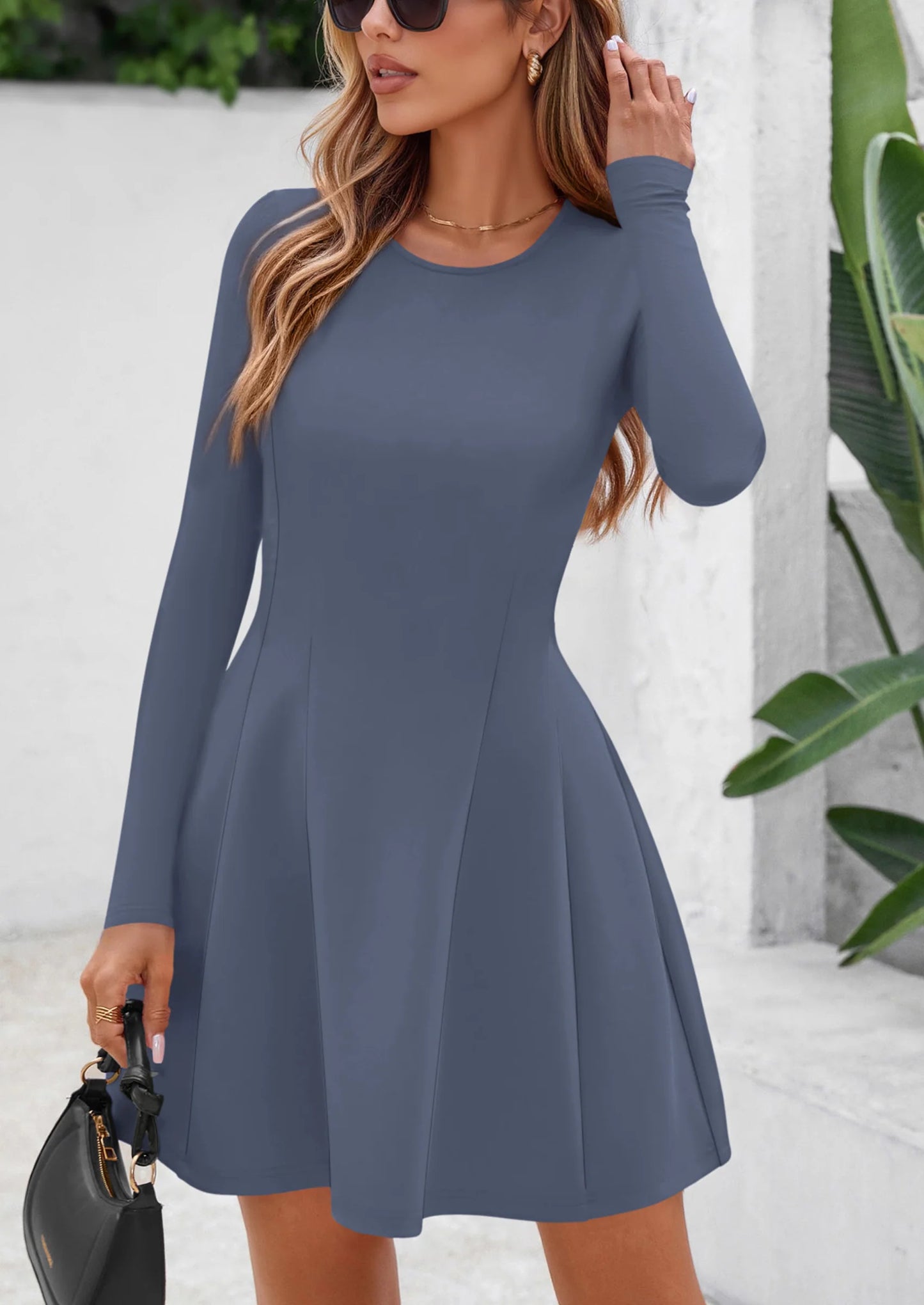 Long Sleeve Mini Dress for Women Fall Crewneck Knit Pleated Babydoll A Line Soft Casual Short Party Dresses