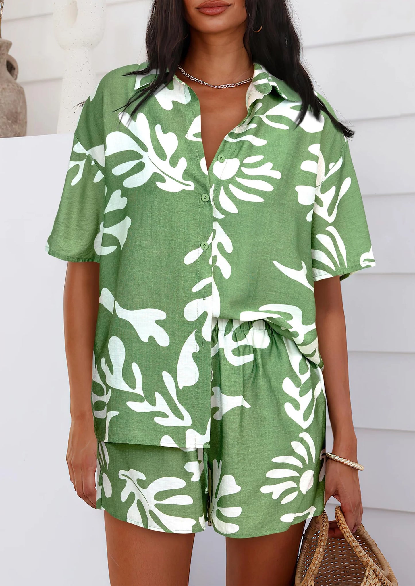 Women Summer 2 Piece Sets Printed Short Sleeve Tops Lounge Shorts Beach Vacation Outfits