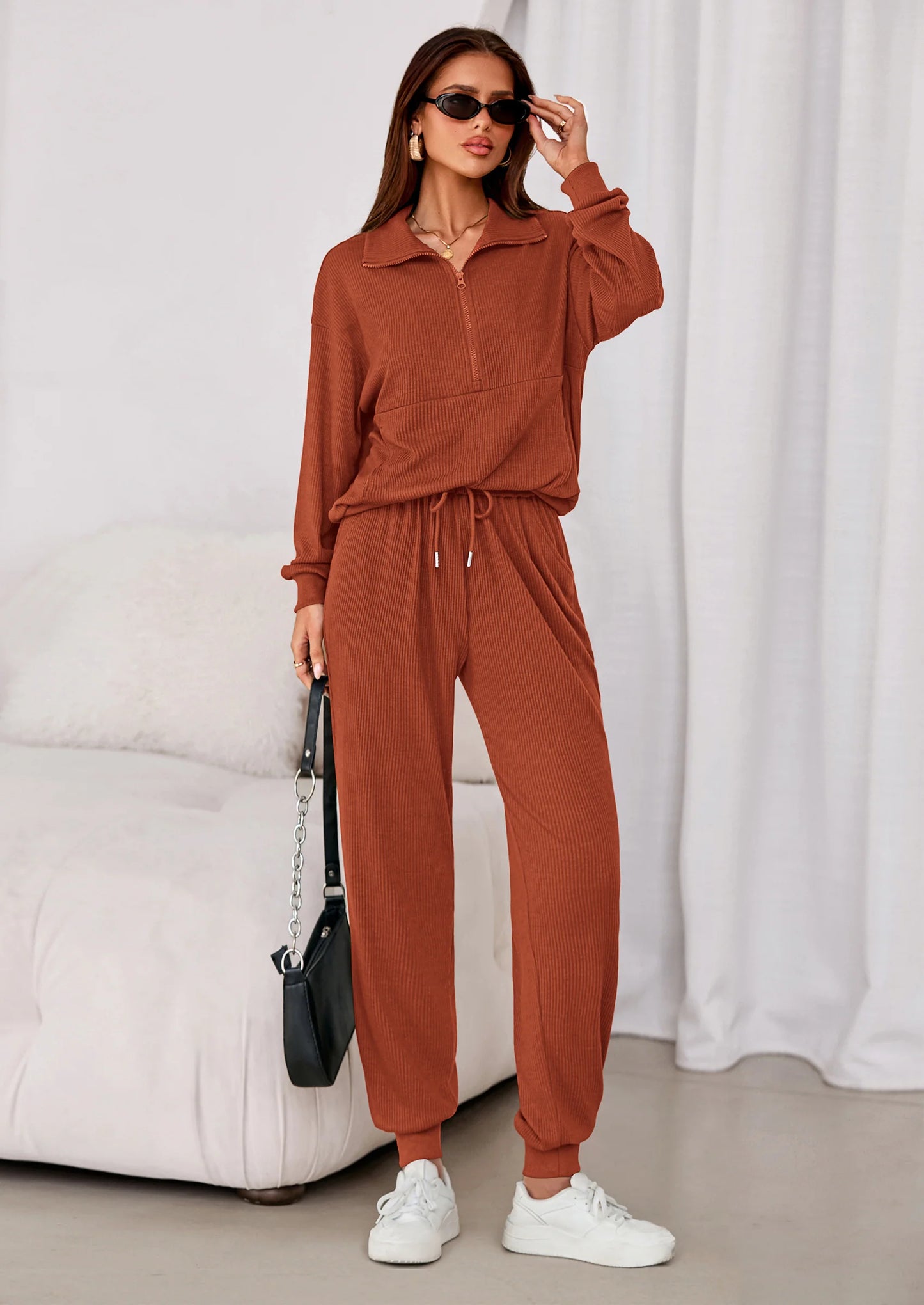 Women's Fall 2 Piece Lounge Sets Zip Up Sweatshirt Jogger Pants Sweat Track Suits Travel Outfit Winter Clothing