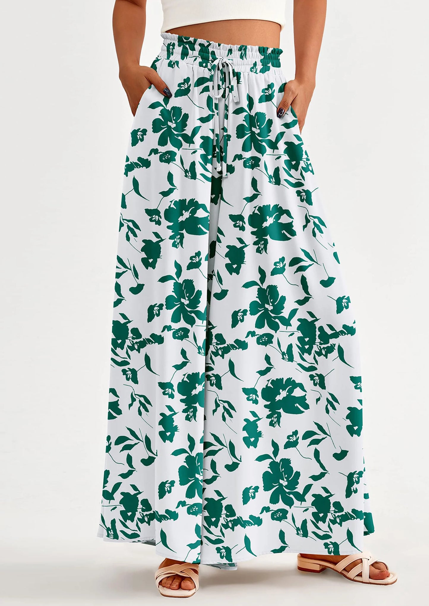 Women's Summer Wide Leg Palazzo Pants High Waisted Flowy Pockets Trendy Casual Lounge Boho Beach Trousers