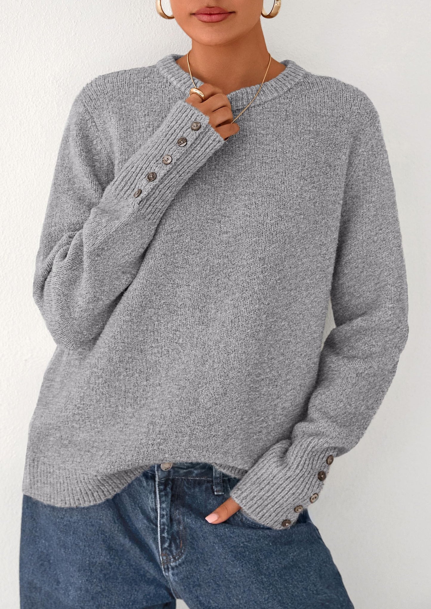 Womens Sweaters Fall Fashion Casual Crewneck Pullover Button Long Sleeve Cute Knit Tops Winter Clothes