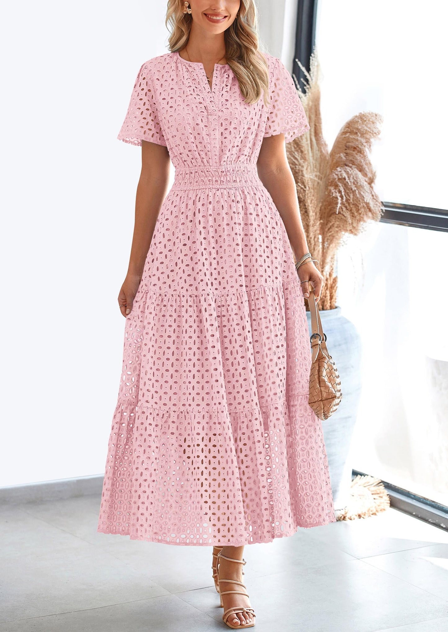 Womens Maxi Dress Short Sleeve V Neck Hollow Out Eyelet A Line Long Flowy Beach Vacation Dresses