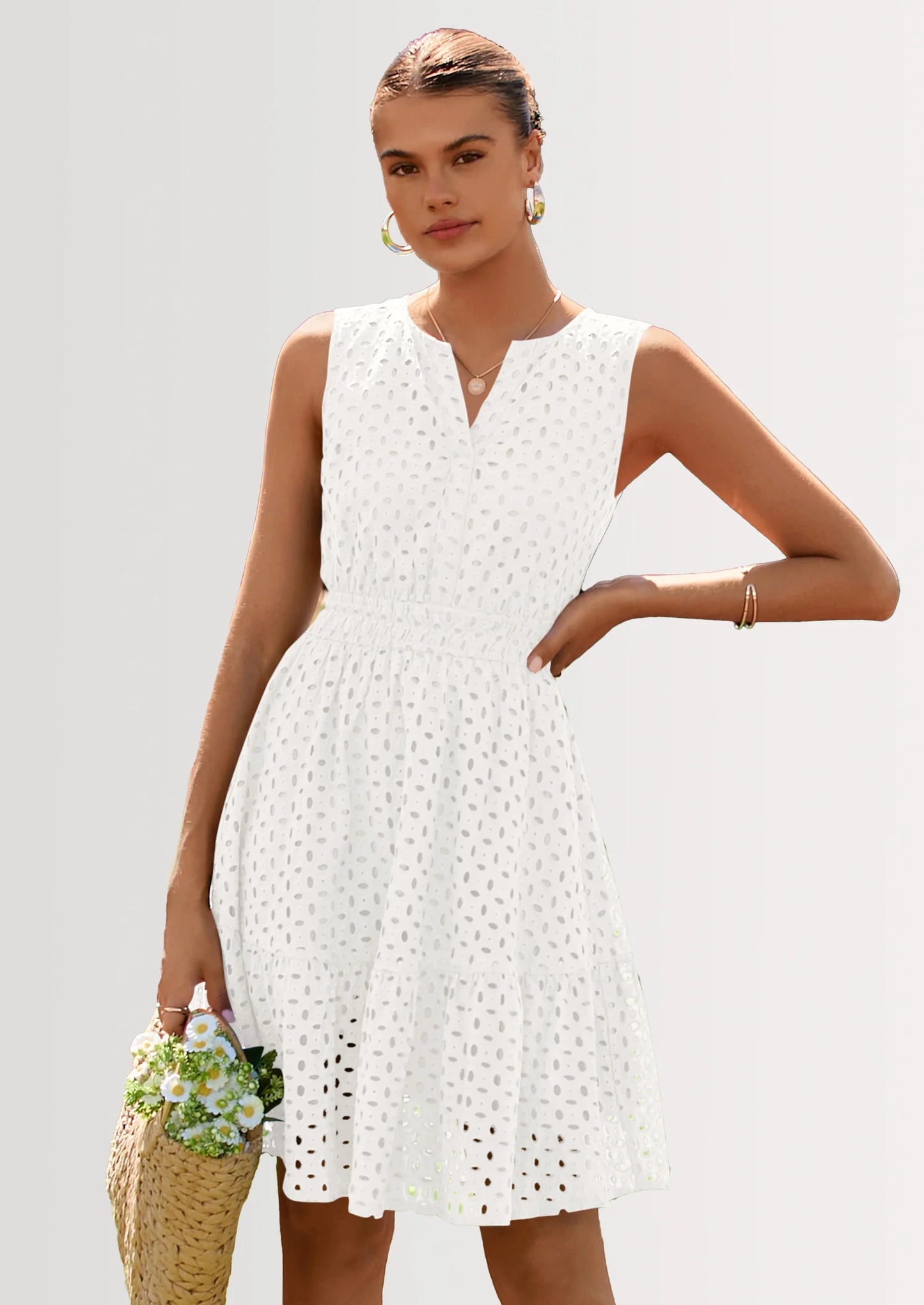 Women's Summer Dresses Sleeveless V Neck Eyelet Hollow Out Swing A Line Beach Vacation Sun Dress