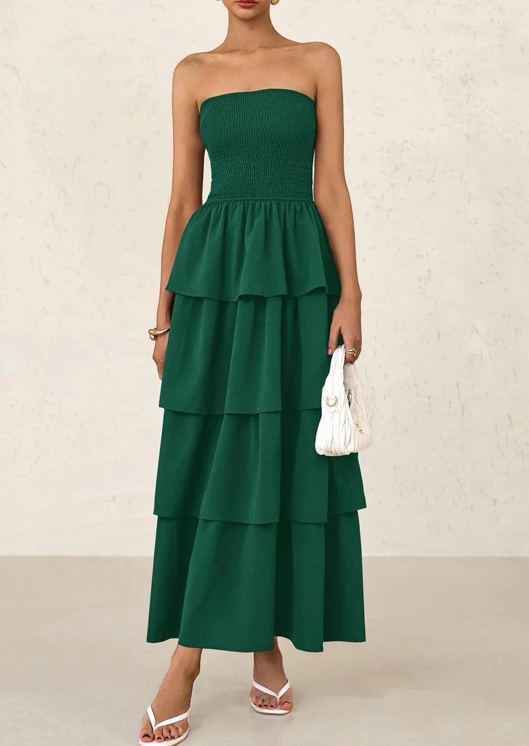 Maxi Dresses for Women Off Shoulder Smocked Tiered Ruffle Long Flowy Wedding Guest Dress