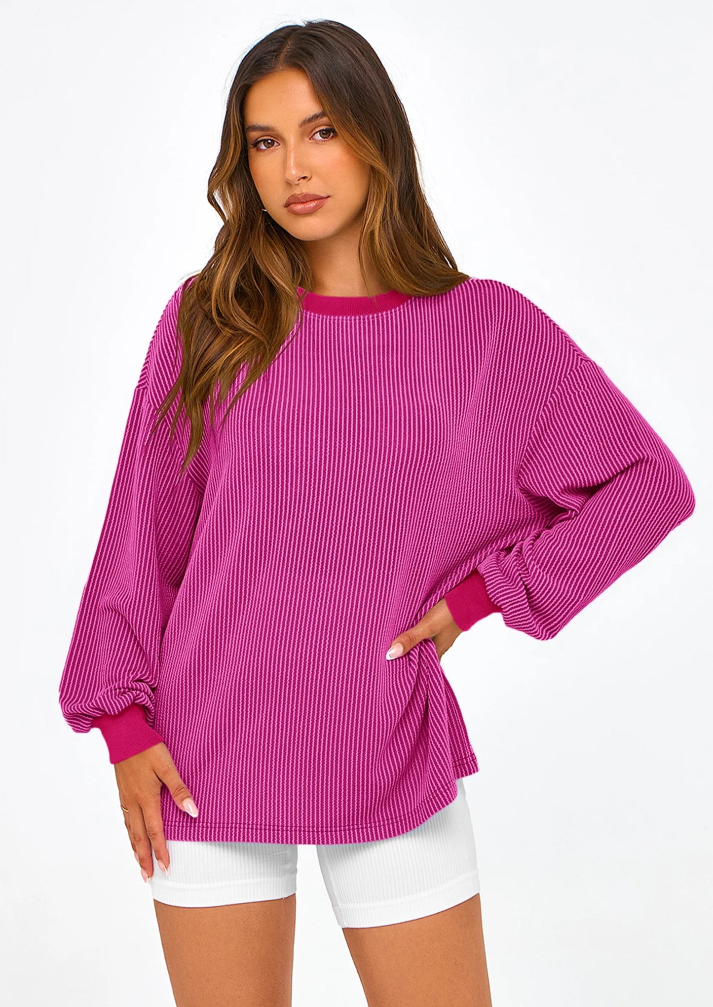 Women's Long Sleeve Tee Shirts Spring Fall Trendy Clothes Casual Loose Crewneck Ribbed Blouse Tunic Tops