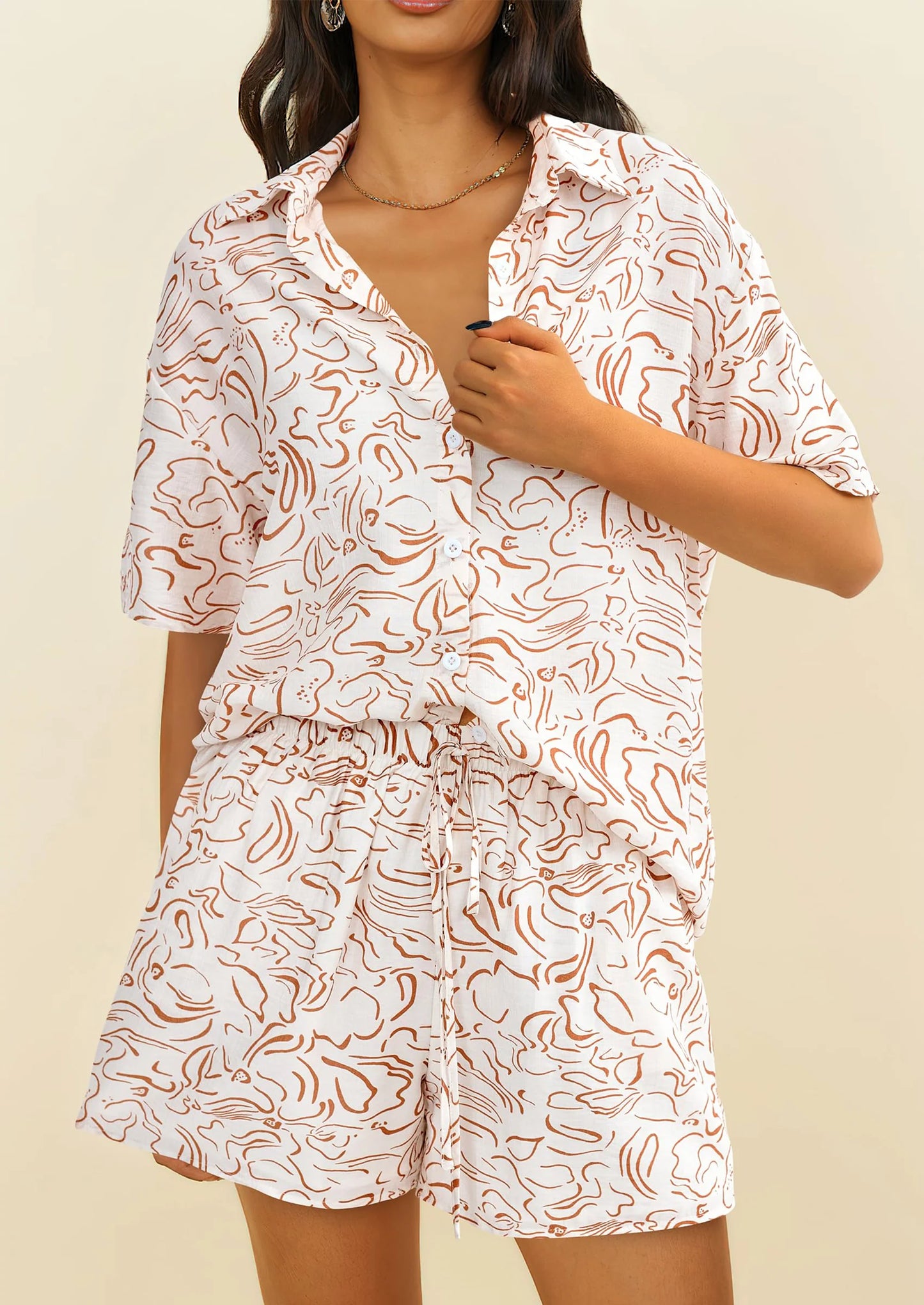 Women Summer 2 Piece Sets Printed Short Sleeve Tops Lounge Shorts Beach Vacation Outfits