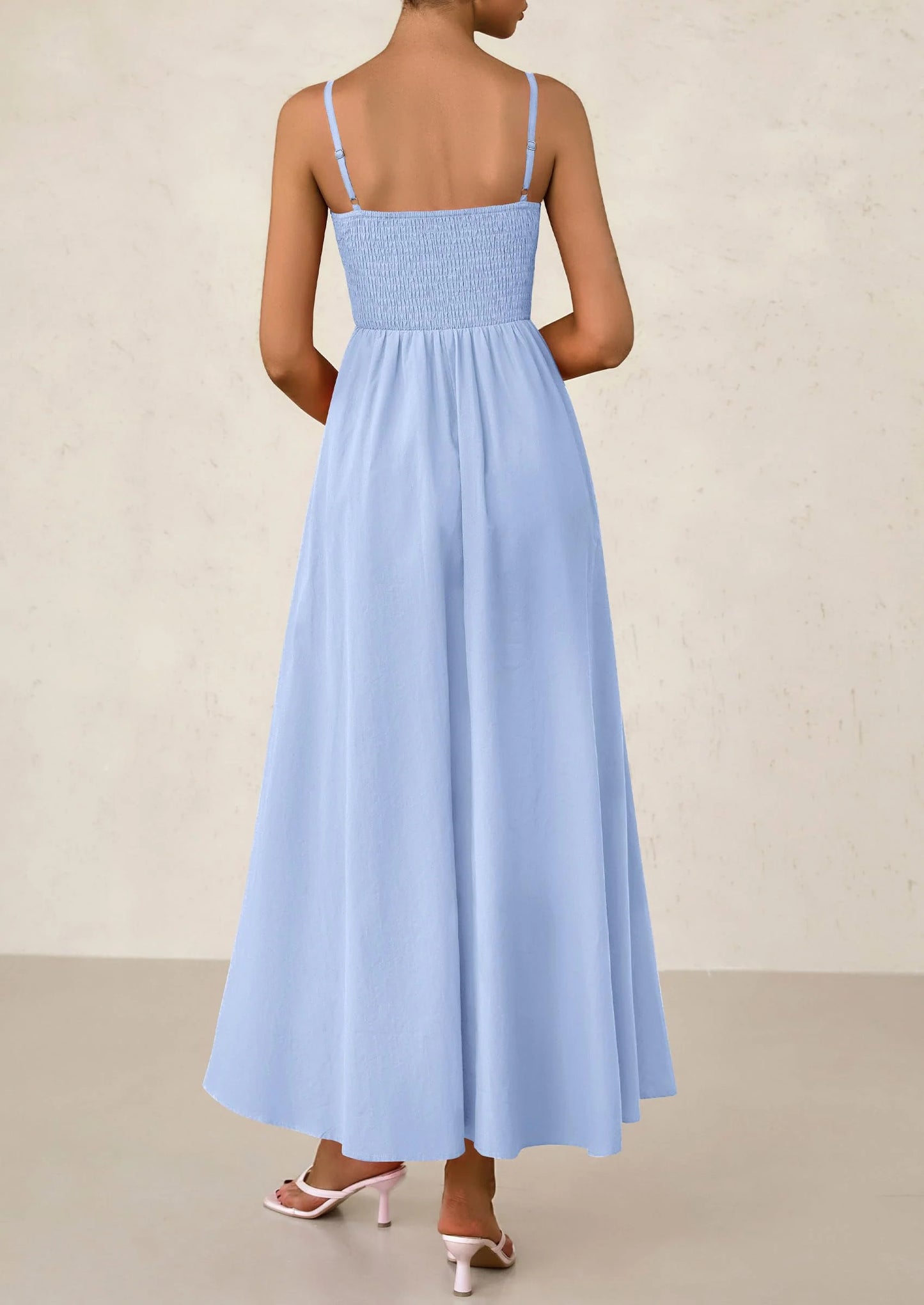 Women's Smocked Maxi Dresses Beach Sundress Casual Spaghetti Strap Swing A Line Long Flowy Dress
