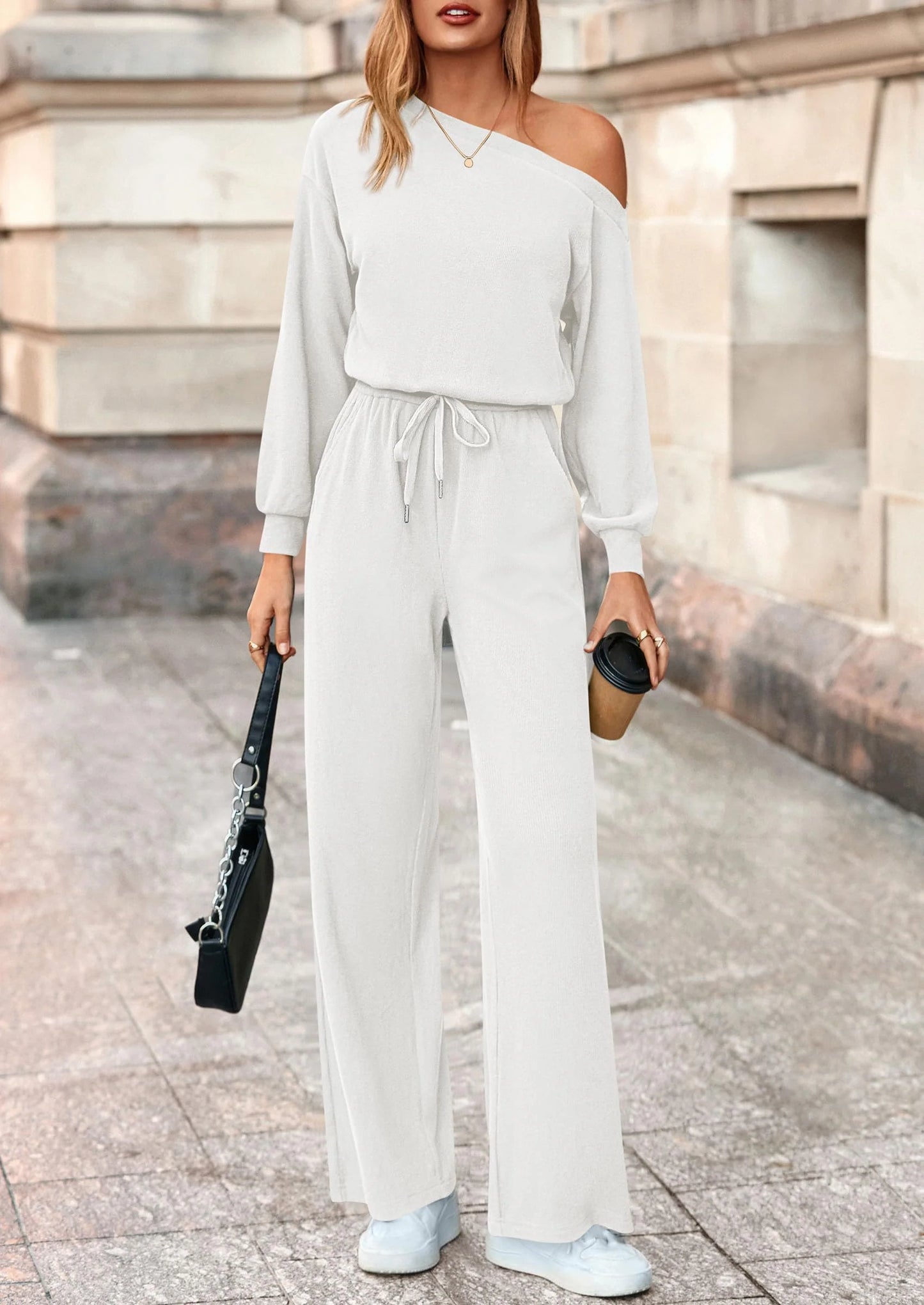 Long Sleeve Jumpsuit For Women Dressy Off Shoulder One Piece Loose Wide Leg Jumpsuits Casual Flowy Romper