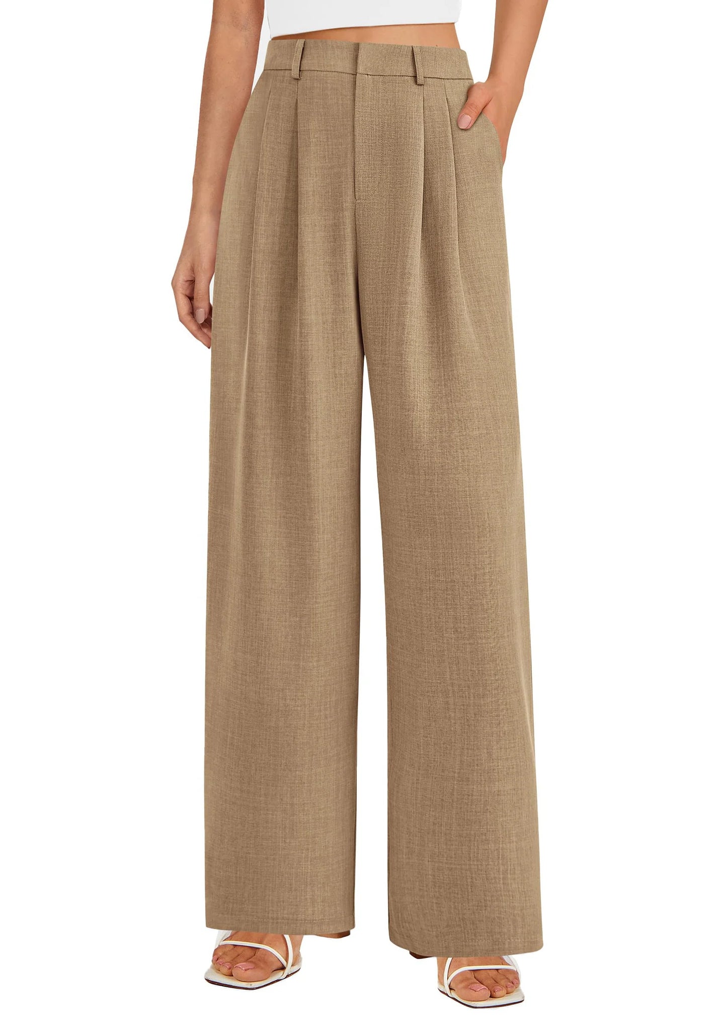 Women's Summer Elastic High Waisted Work Pants Straight Leg Dressy Business Casual Trousers Slacks Pockets